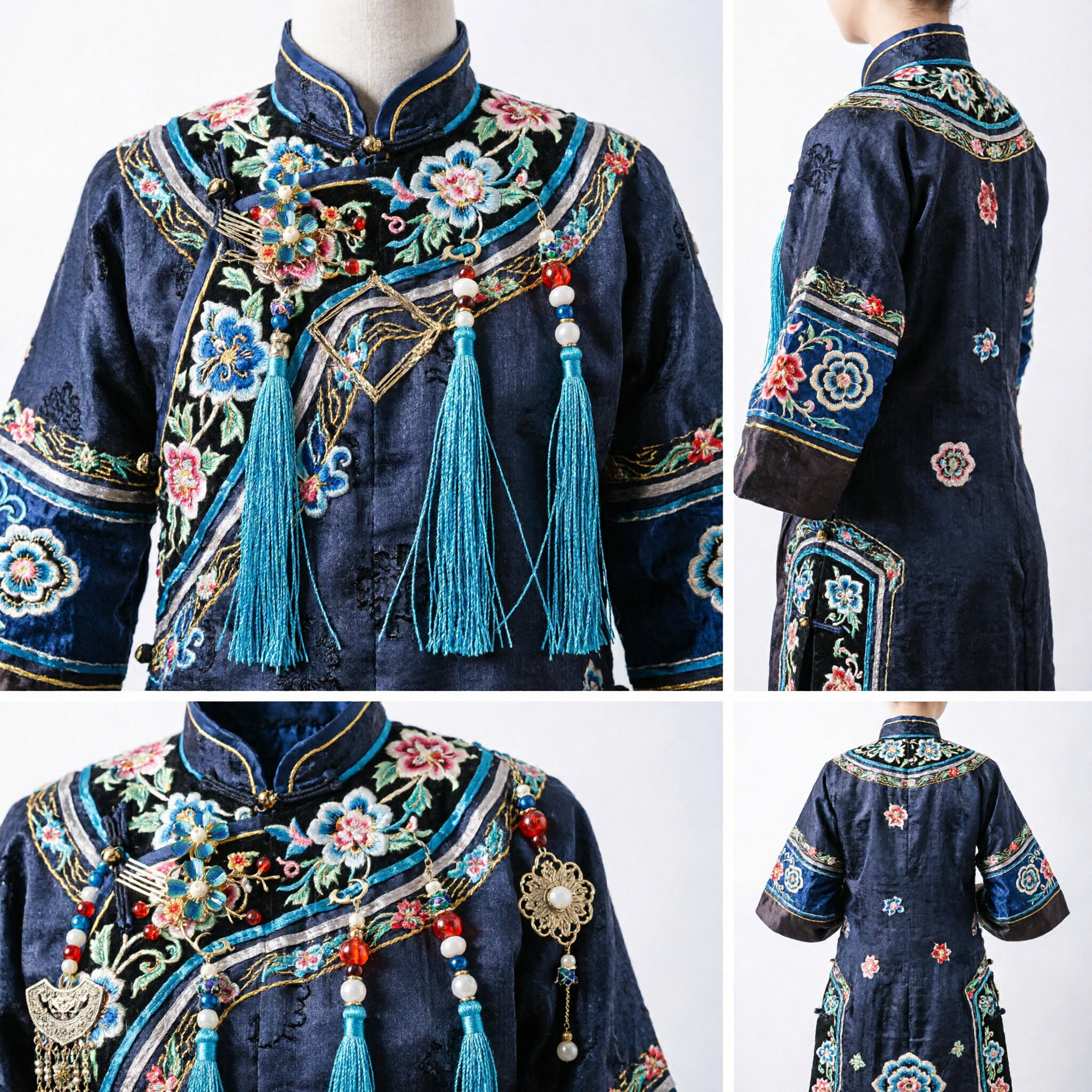 Traditional Chinese Blue Enamel Flower Hair Comb and Dangling Pearl Hairpin Set for Women Hanfu Costume Accessories - Asian Costume