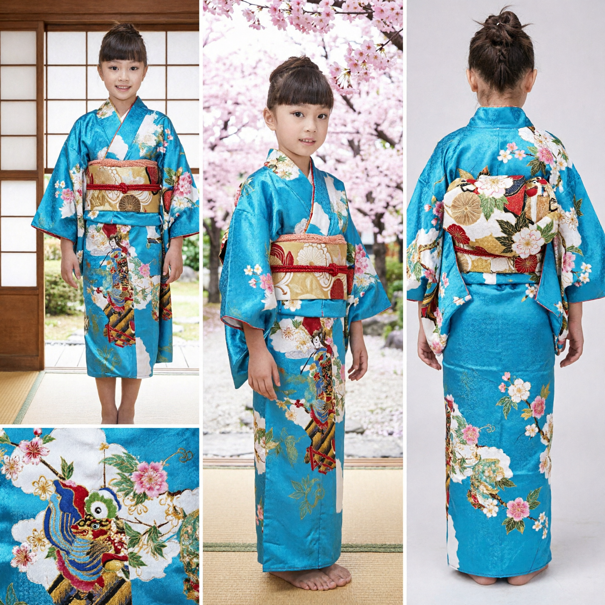 Traditional Japanese Blue Floral Kimono Costume for Girls Kids Dance Performance Festival Outfit - Asian Costume