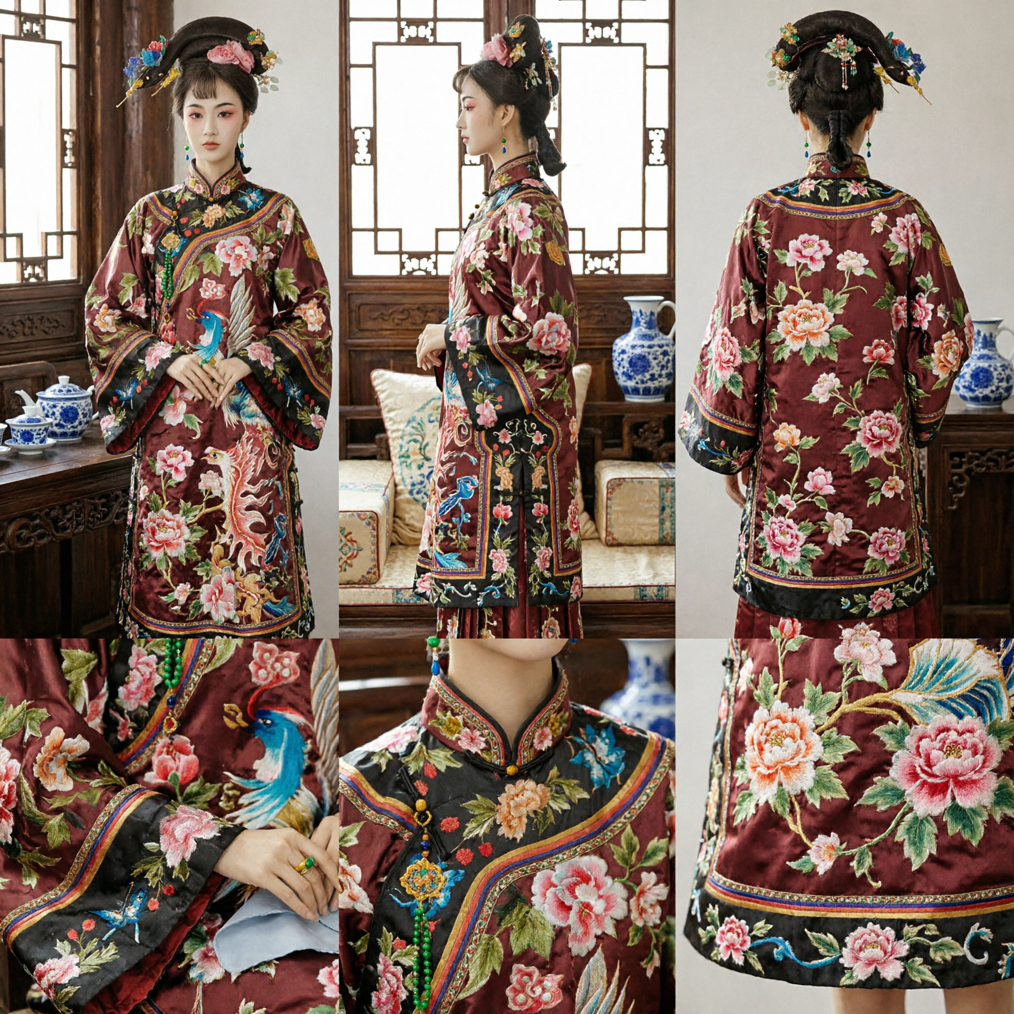 Traditional Chinese Qing Dynasty Manchu Noble Lady Embroidered Robe and Headdress Complete Costume Set - Asian Costume