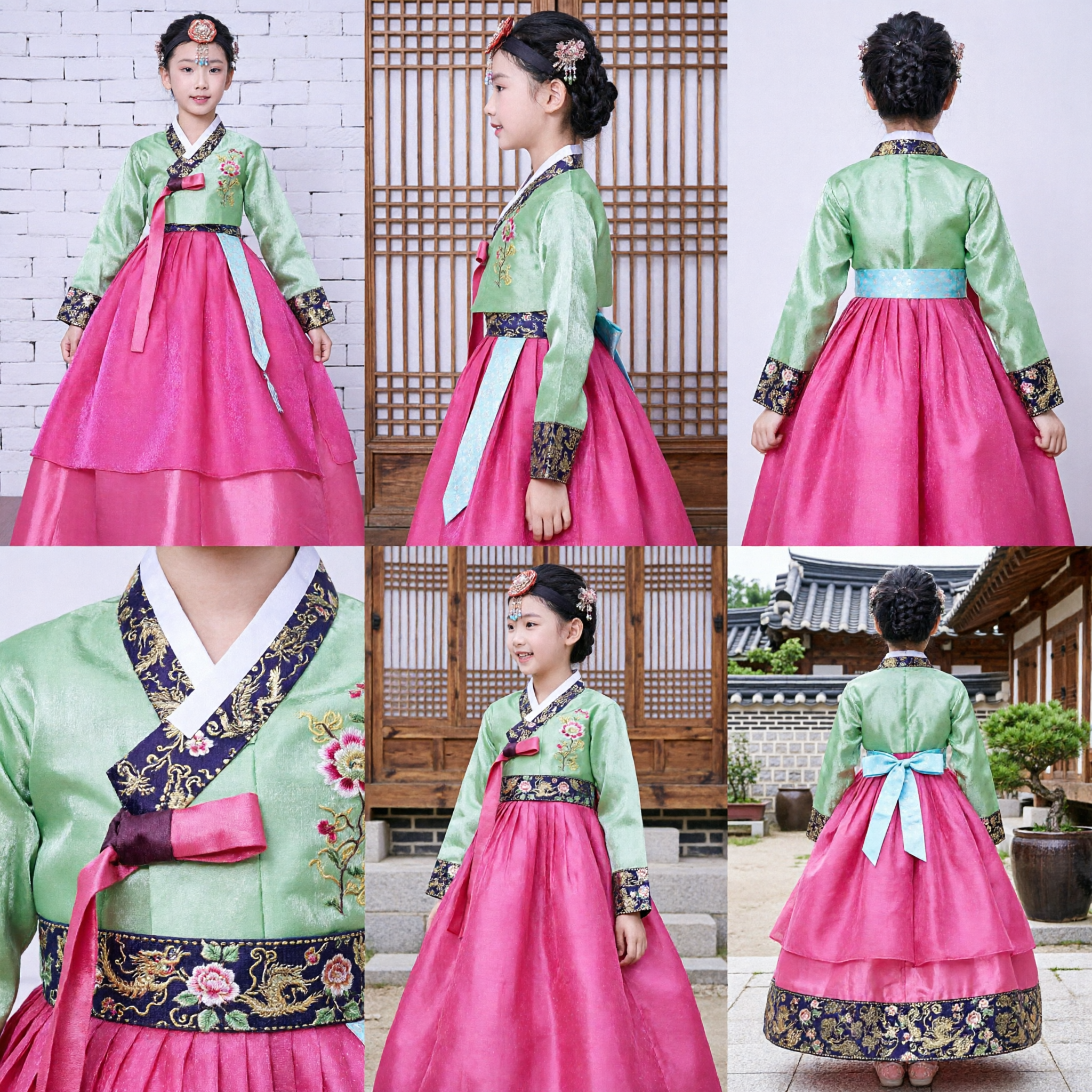Traditional Korean Hanbok for Girls Green Embroidered Jeogori and Pink Chima Palace Costume for Kids Festival - Asian Costume
