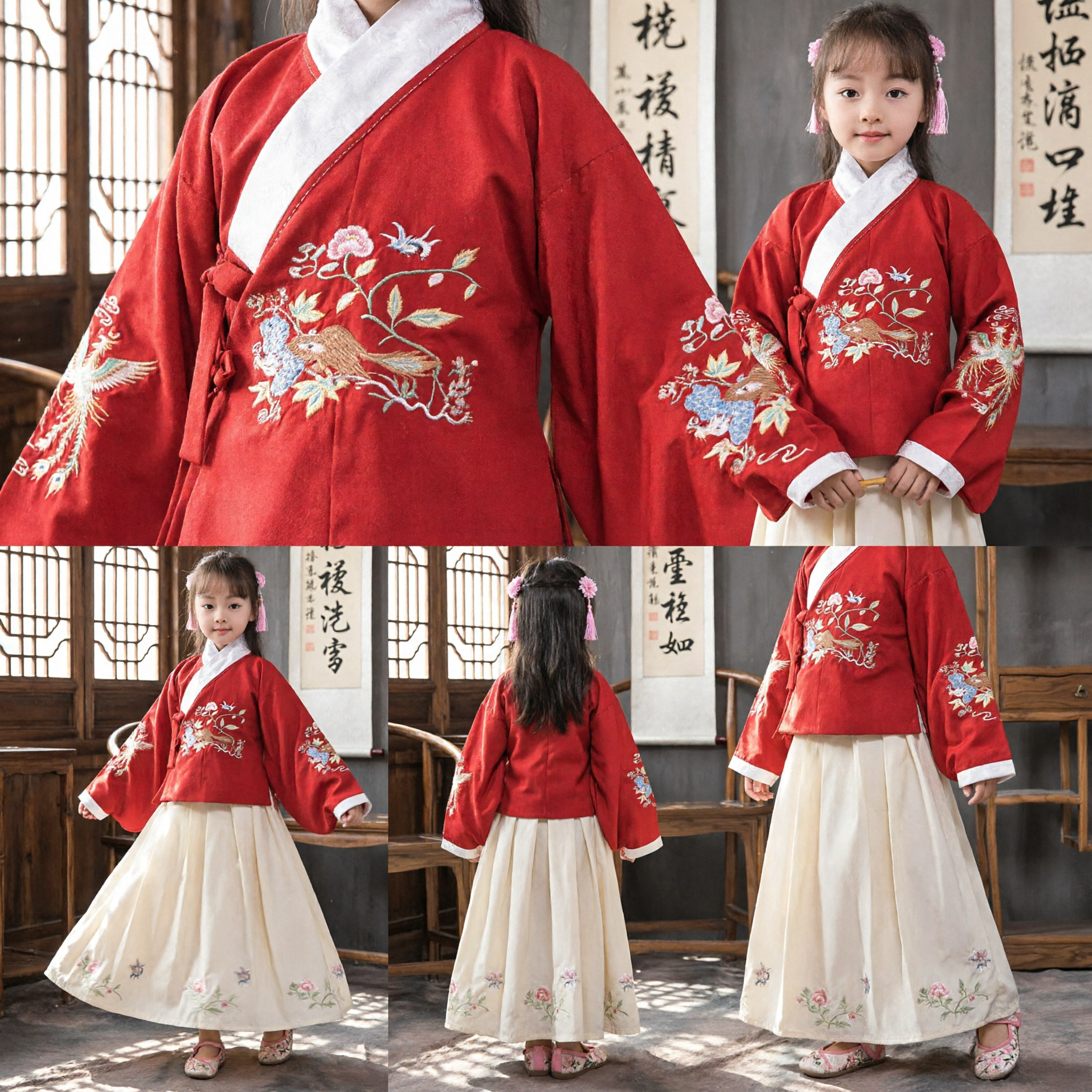 Traditional Chinese Hanfu for Girls Red Embroidered Top and White Pleated Skirt Set Ancient Costume for Kids - Asian Costume