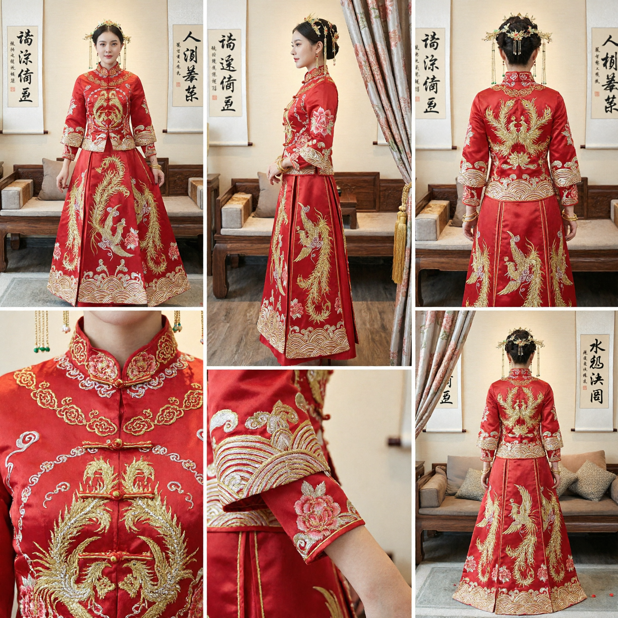 Traditional Chinese Wedding Dress Red Xiu He Fu Phoenix Embroidery Bridal Gown for Bride Ceremony - Asian Costume