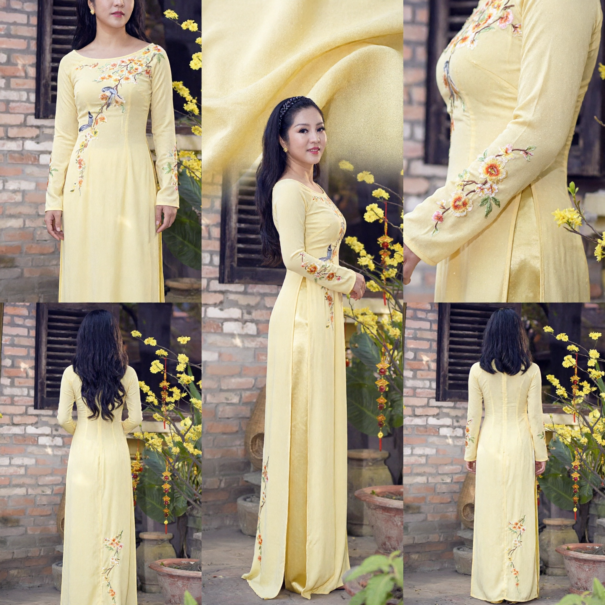 Elegant Yellow Vietnamese Ao Dai Traditional Long Dress with Floral Bird Embroidery for Women Formal Events - Asian Costume