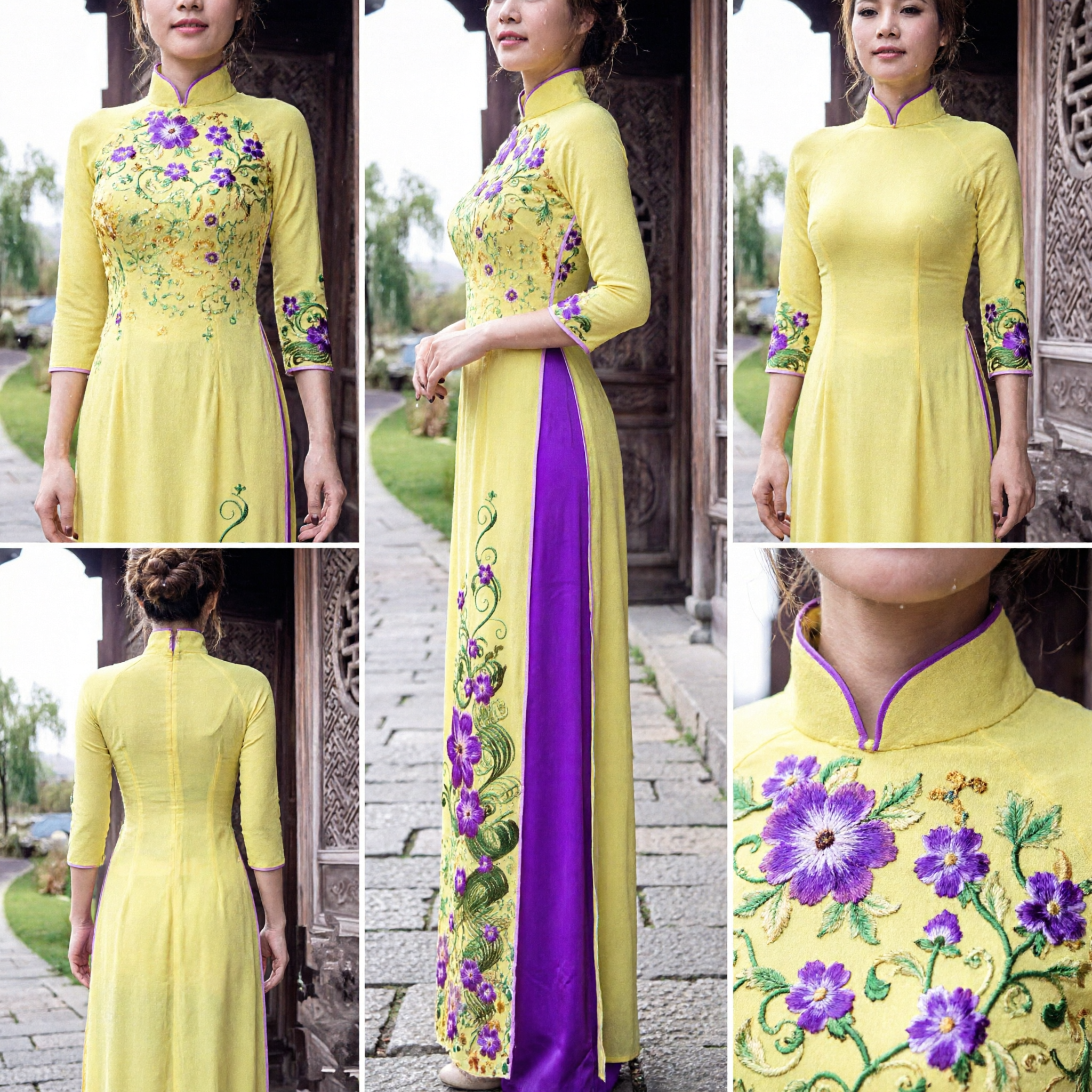 Elegant Yellow Vietnamese Ao Dai Traditional Long Dress with Purple Floral Embroidery for Women Wedding Party - Asian Costume
