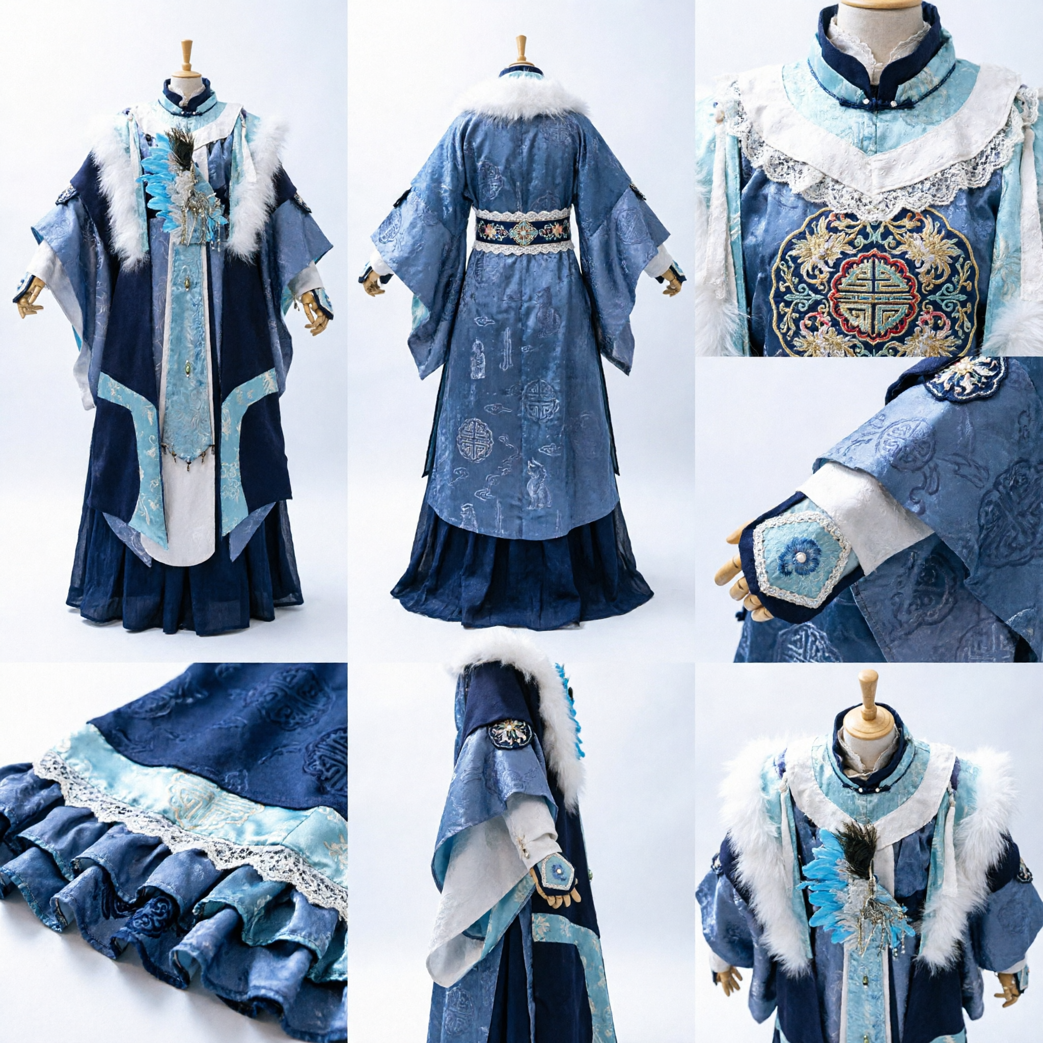 Premium Ancient Chinese Blue Swordsman Hanfu Costume Fantasy Nobleman Robe with Fur Trim for Men Cosplay - Asian Costume
