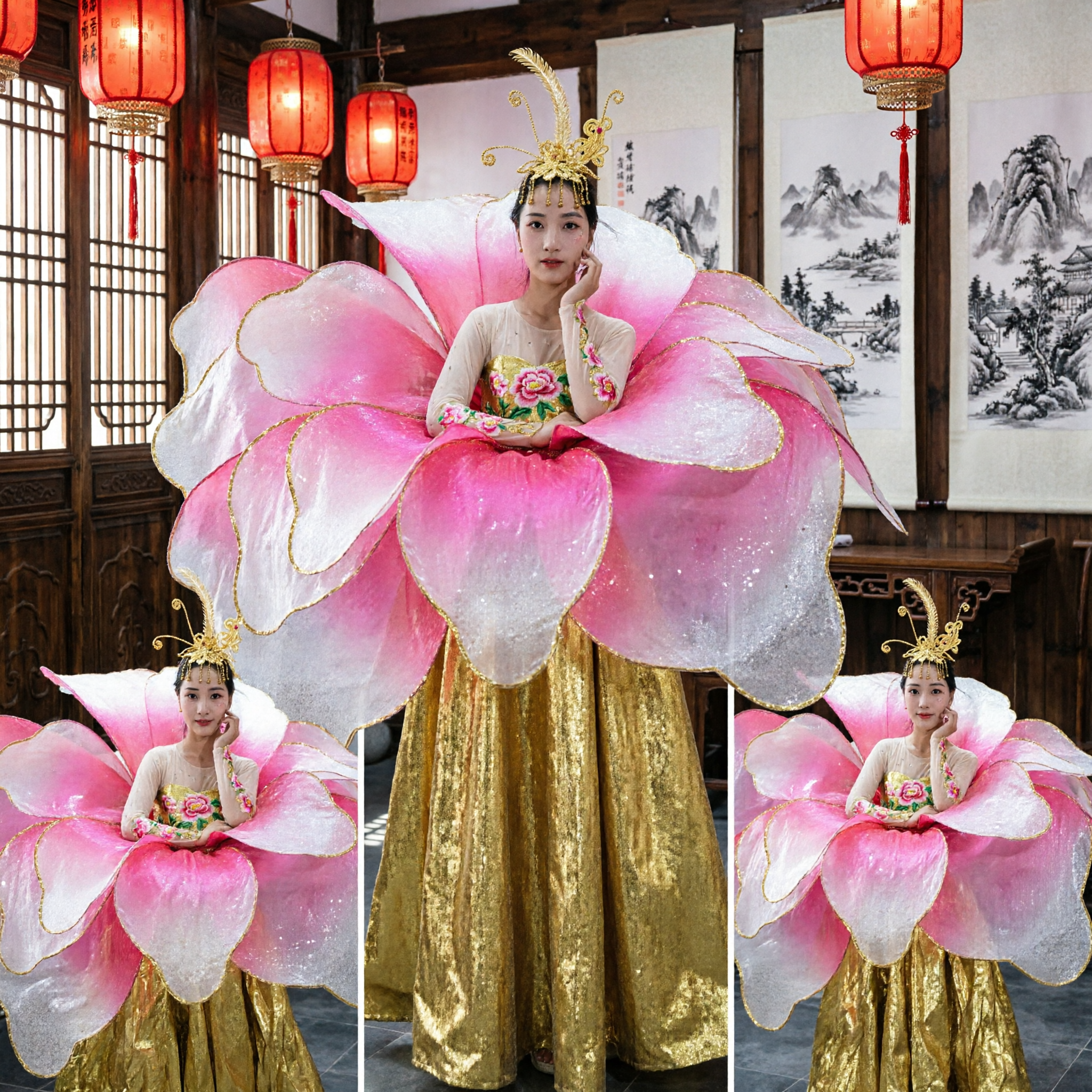 Traditional Chinese Pink Lotus Flower Dance Costume for Women Stage Performance Festival Outfit - Asian Costume