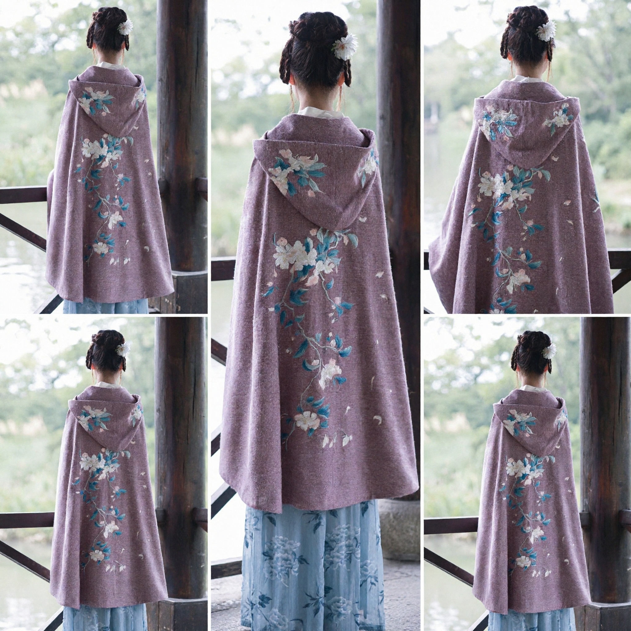 Ancient Chinese Style Hanfu Hooded Cape Cloak Winter Warm Coat for Women with Floral Embroidery - Asian Costume