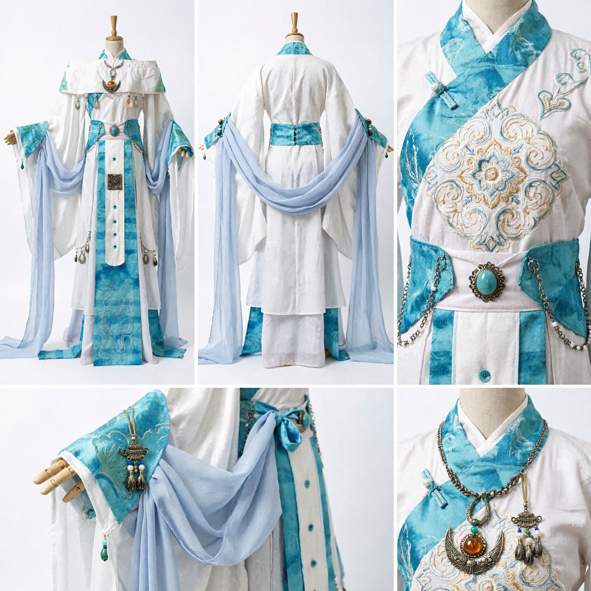 Traditional Chinese Hanfu Ancient Costume Men White Blue Embroidered Noble Robe Fantasy Cosplay Outfit - Asian Costume