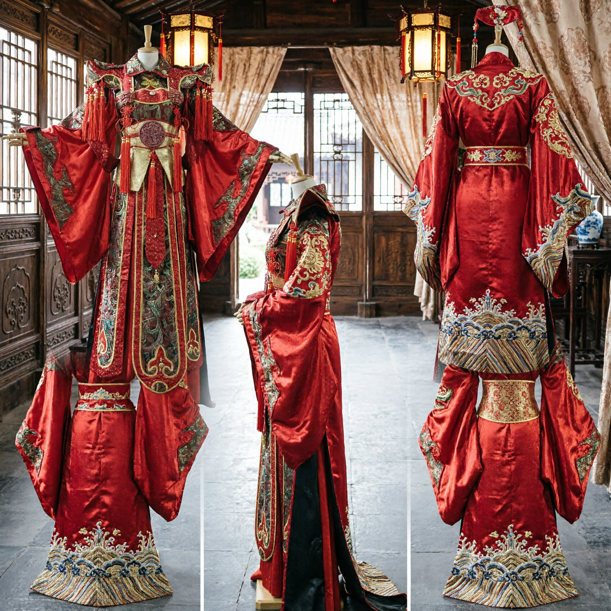 Traditional Chinese Ancient General Costume Red Gold Embroidery Hanfu for Men Cosplay Stage Performance - Asian Costume