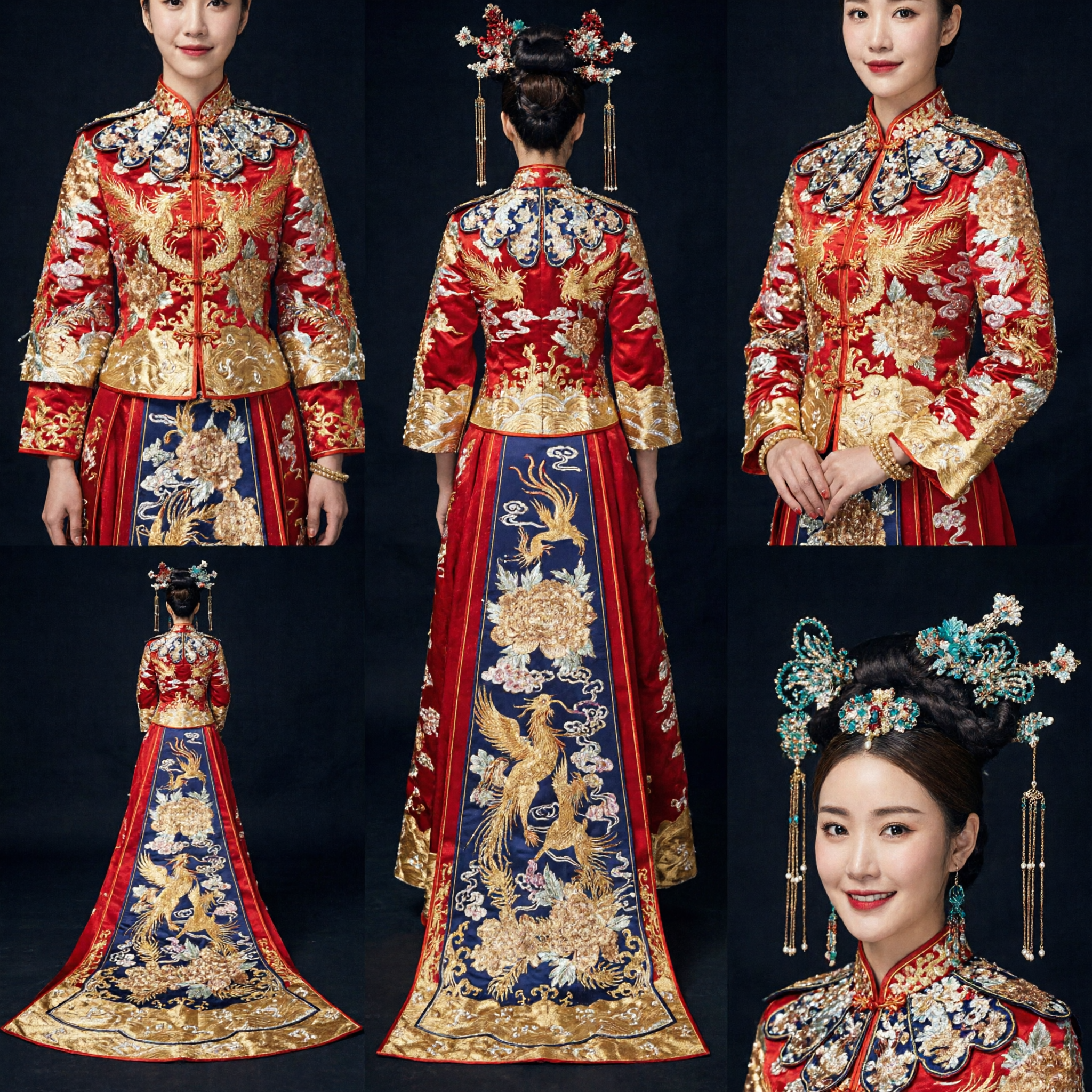 Elegant Red Chinese Wedding Gown Xiuhe Fu with Gold Dragon and Phoenix Embroidery for Brides - Asian Costume