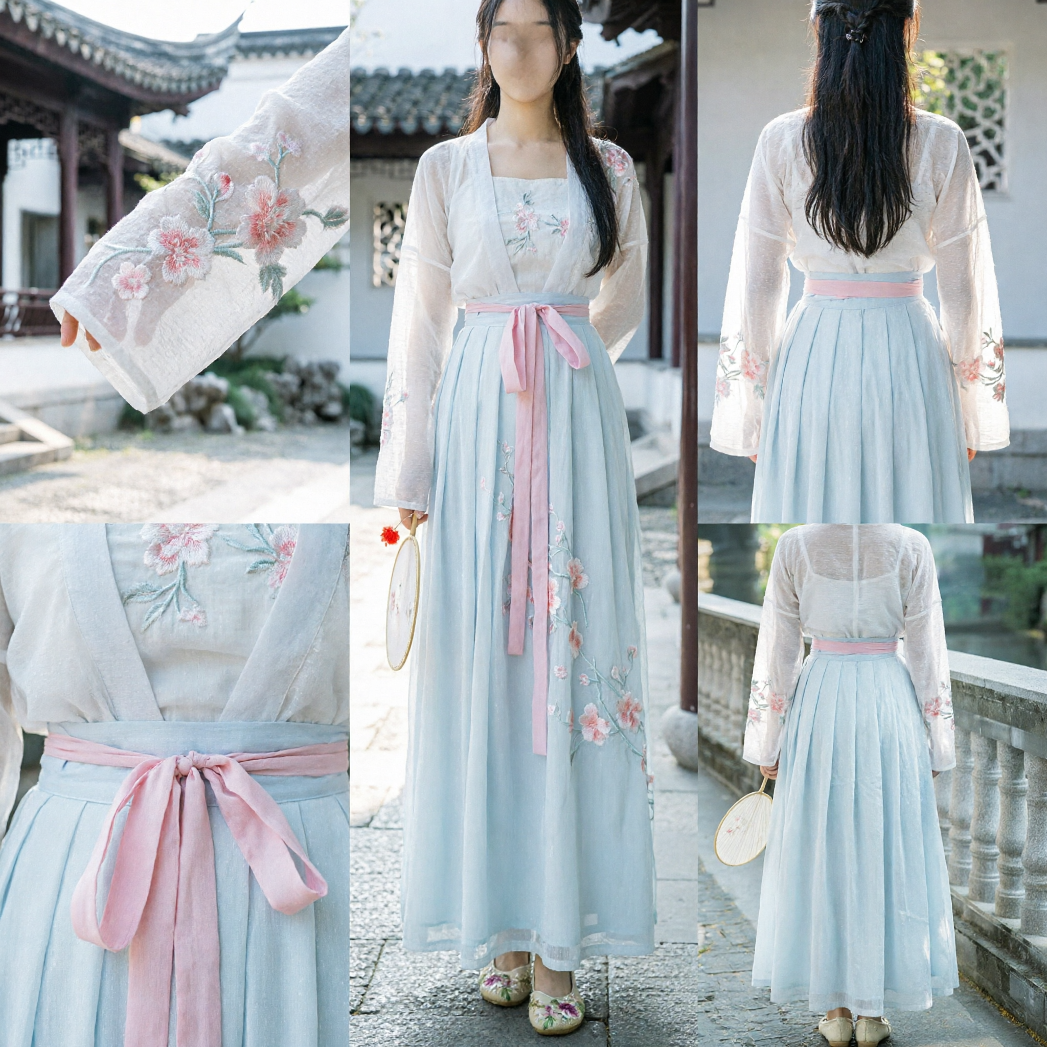 Elegant Women's Traditional Chinese Hanfu Ancient Fairy Costume Embroidered Blue Skirt and Sheer White Top Set - Asian Costume