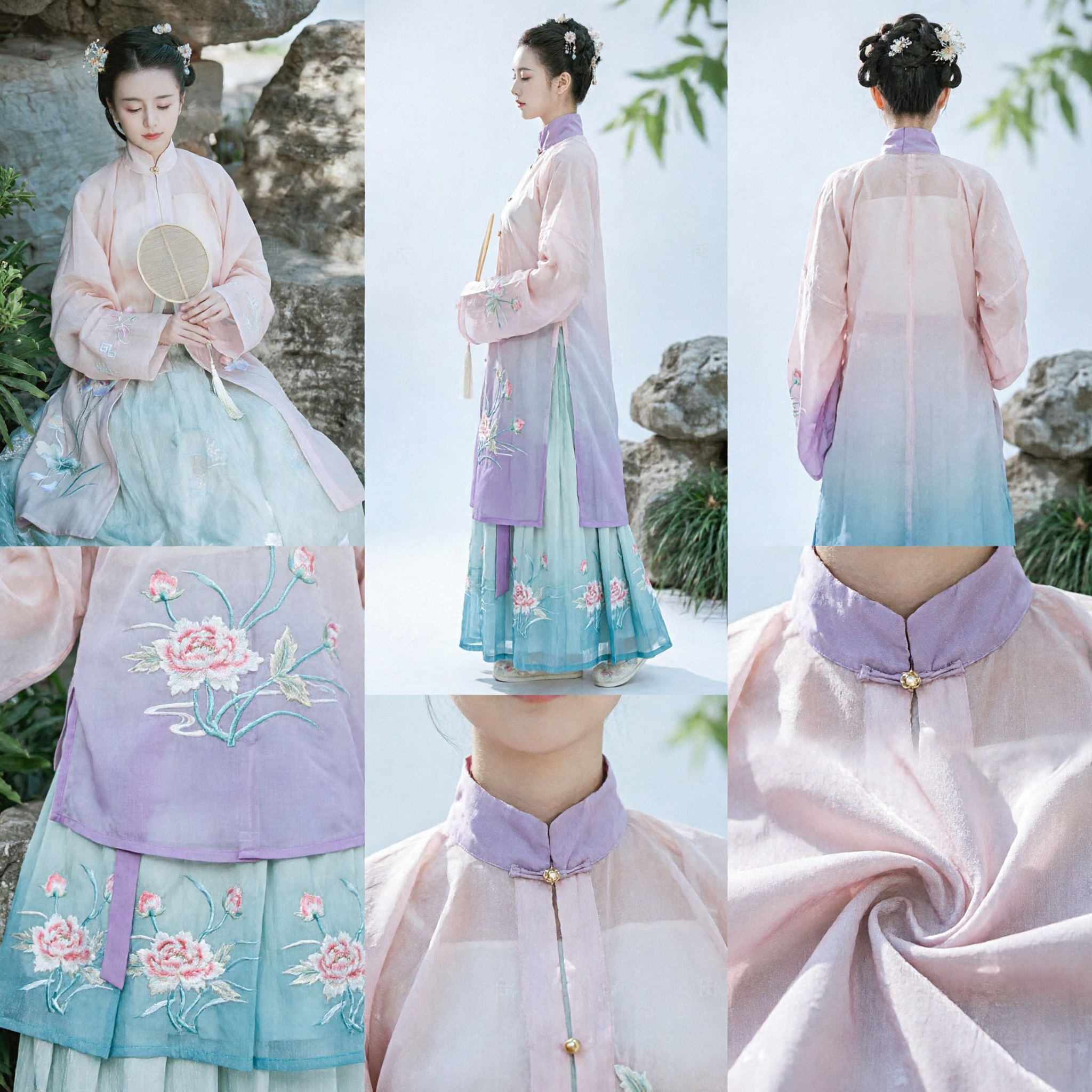 Elegant Traditional Chinese Hanfu Ancient Costume Pink Embroidered Sheer Robe and Blue Skirt Set for Women - Asian Costume