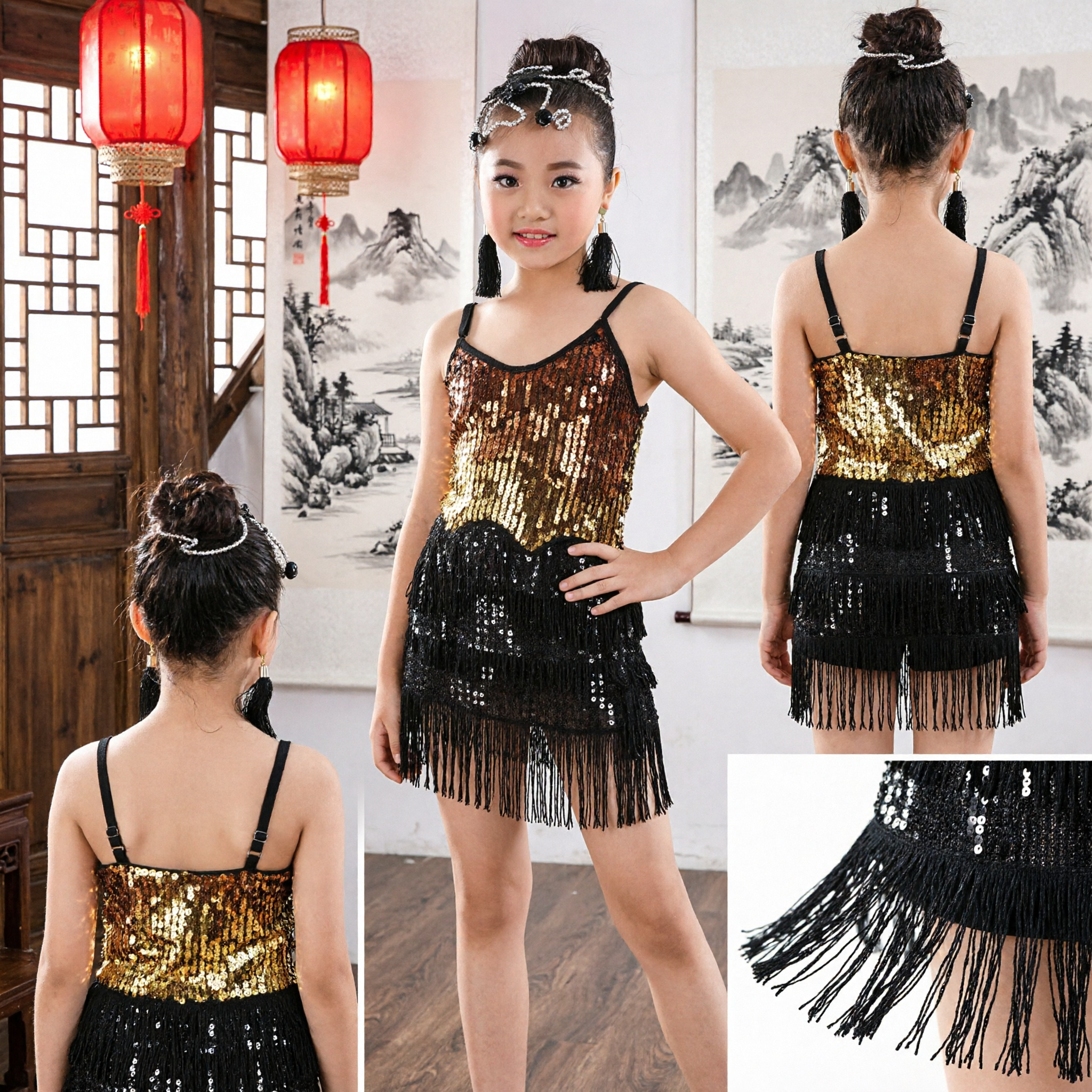 Girls Latin Dance Costume Sequin Tank Top Black Fringe Skirt Set for Kids Ballroom Salsa Performance - Asian Costume