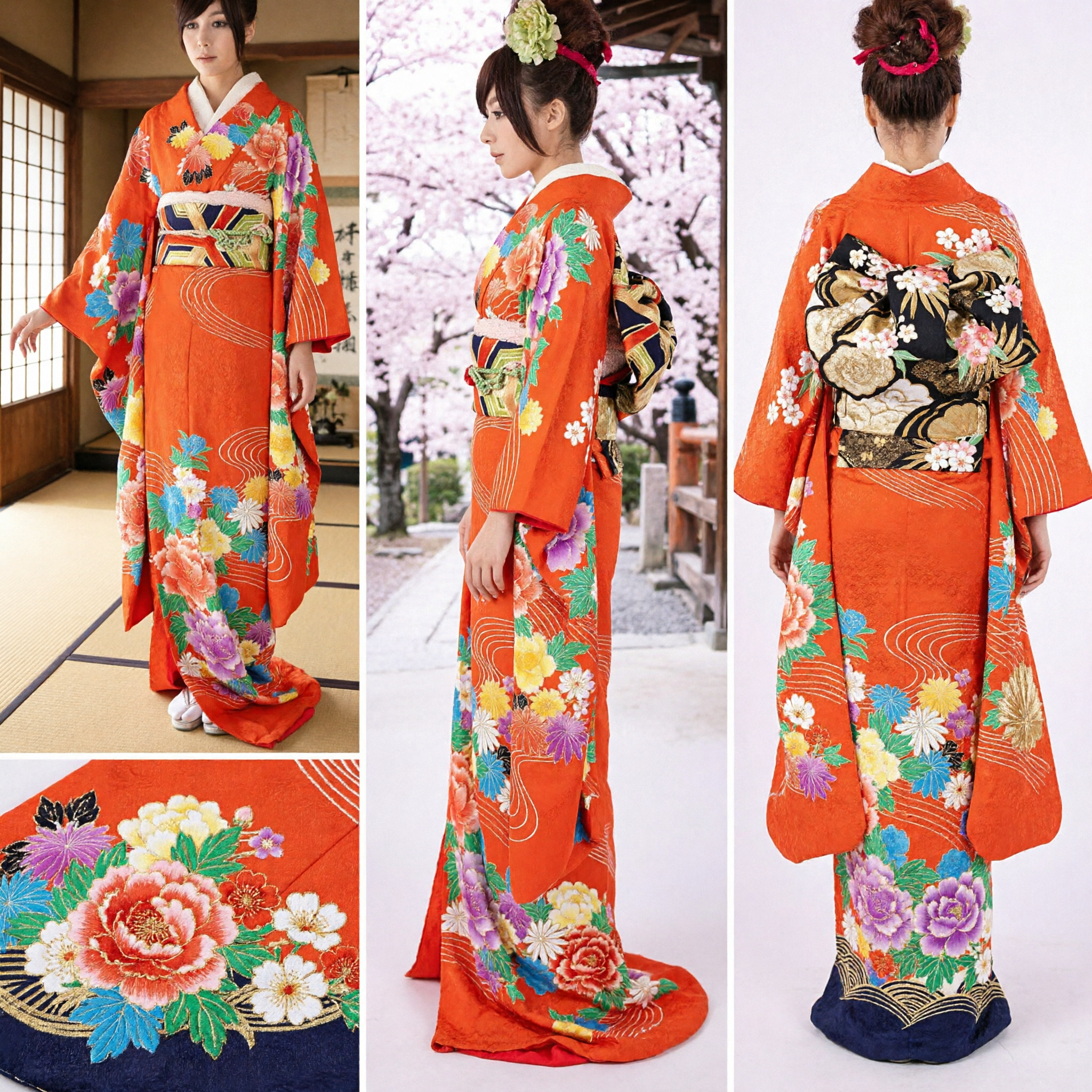 Traditional Japanese Orange Floral Kimono Furisode Costume for Women Geisha Maiko Stage Performance Dance - Asian Costume