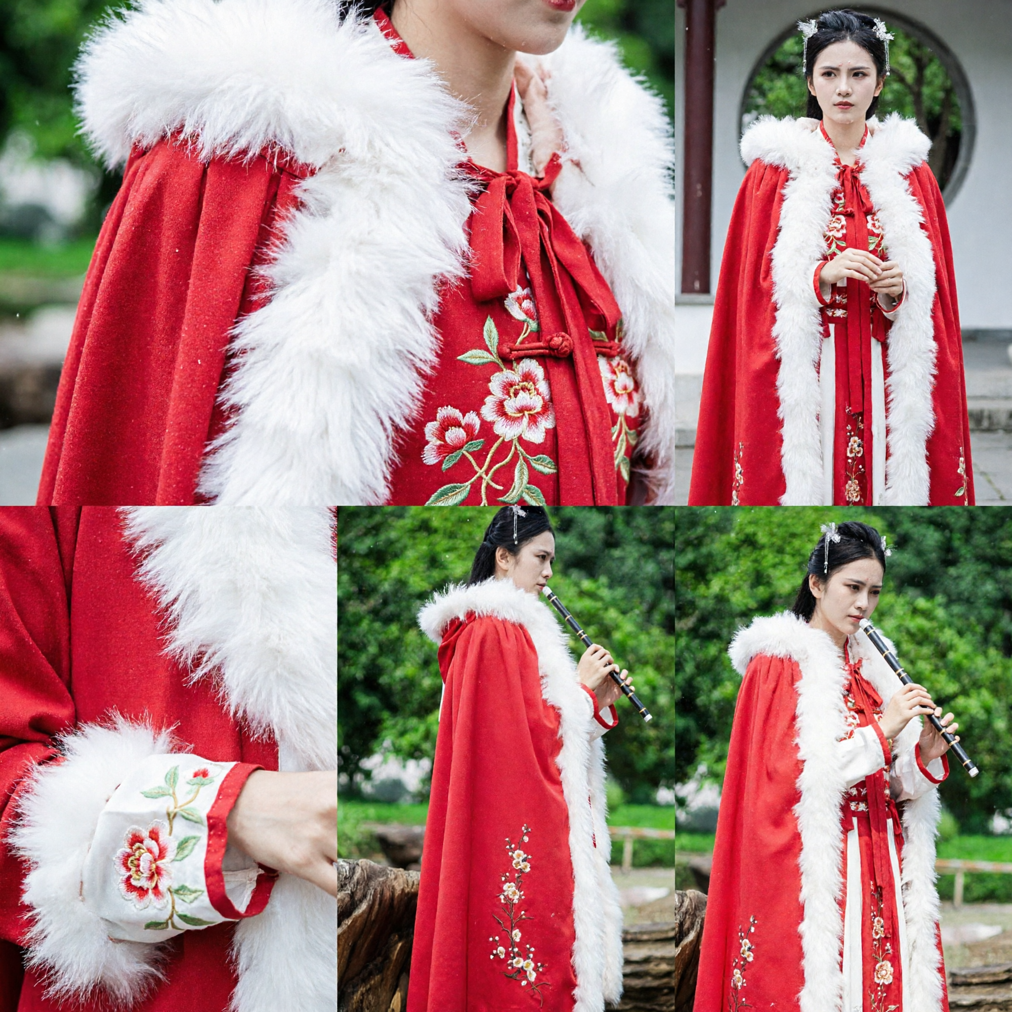 Red Winter Hanfu Cloak with White Fur Trim Traditional Chinese Ancient Costume Embroidered Cape for Photography - Asian Costume
