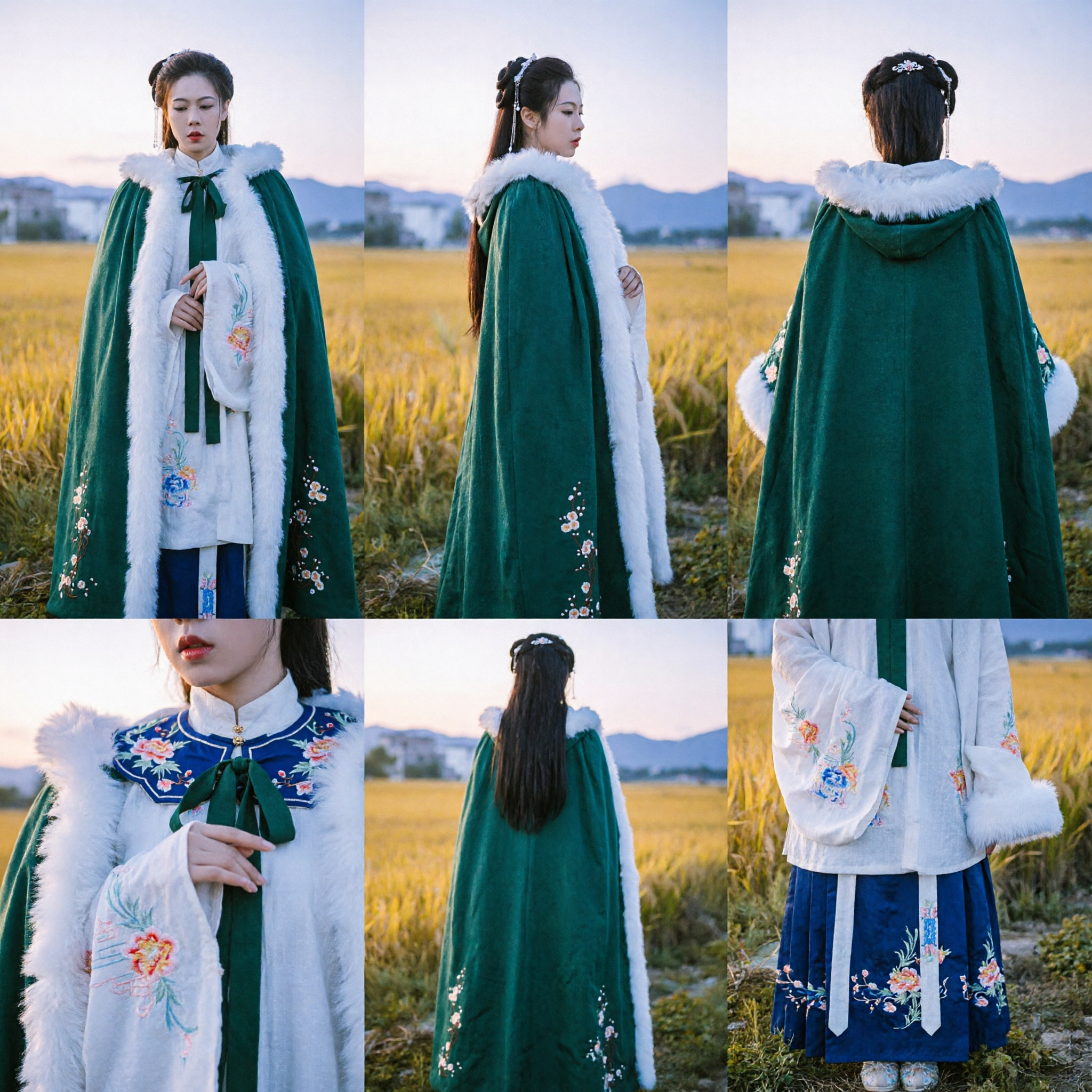 Ancient Chinese Style Hanfu Winter Cloak Emerald Green Cape with White Fur Trim and Embroidery for Women - Asian Costume
