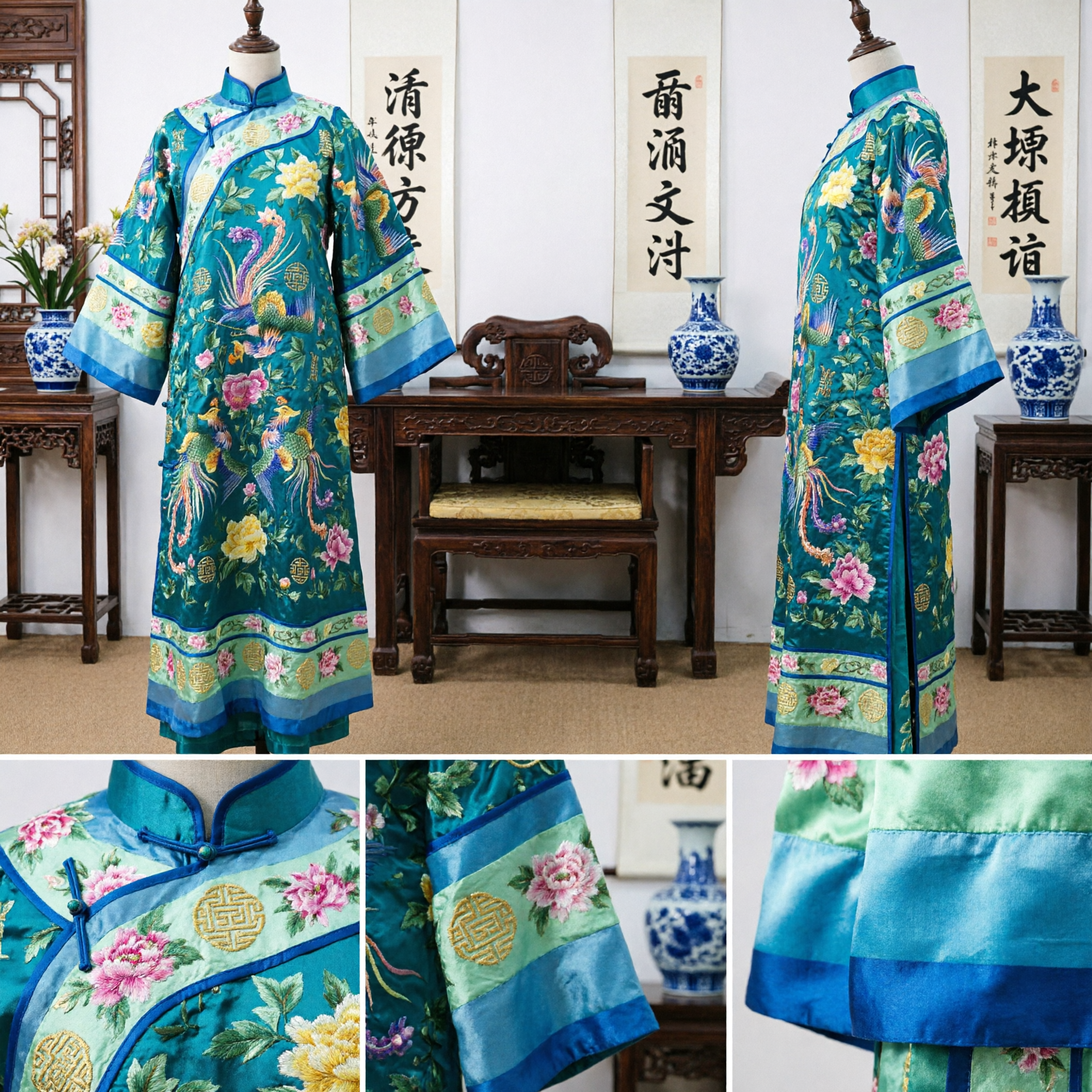 Traditional Chinese Blue Phoenix Embroidered Robe Ancient Qing Dynasty Wedding Costume for Women - Asian Costume