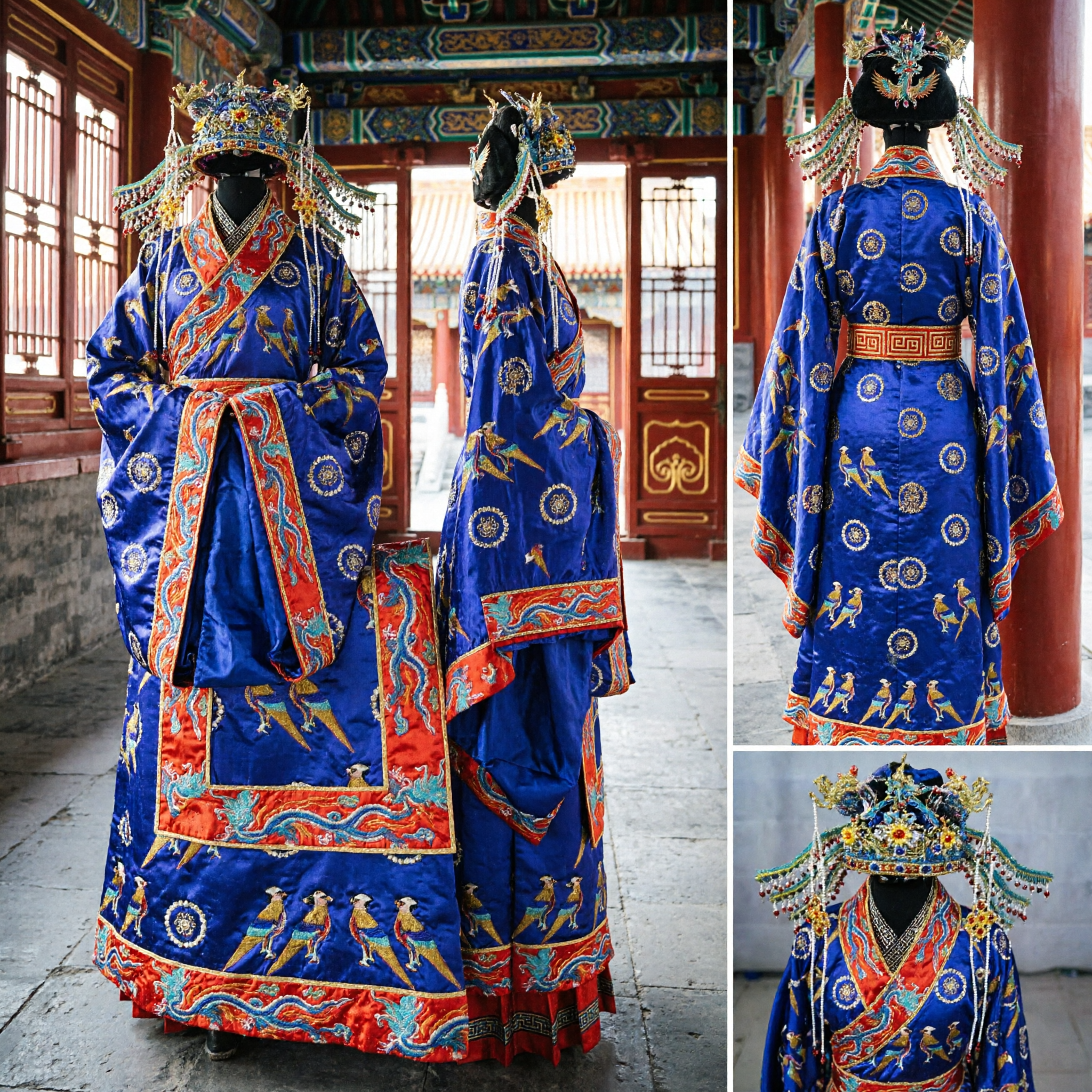 Traditional Chinese Peking Opera Costume Blue Embroidered Phoenix Robe with Headdress for Female General Performance - Asian Costume