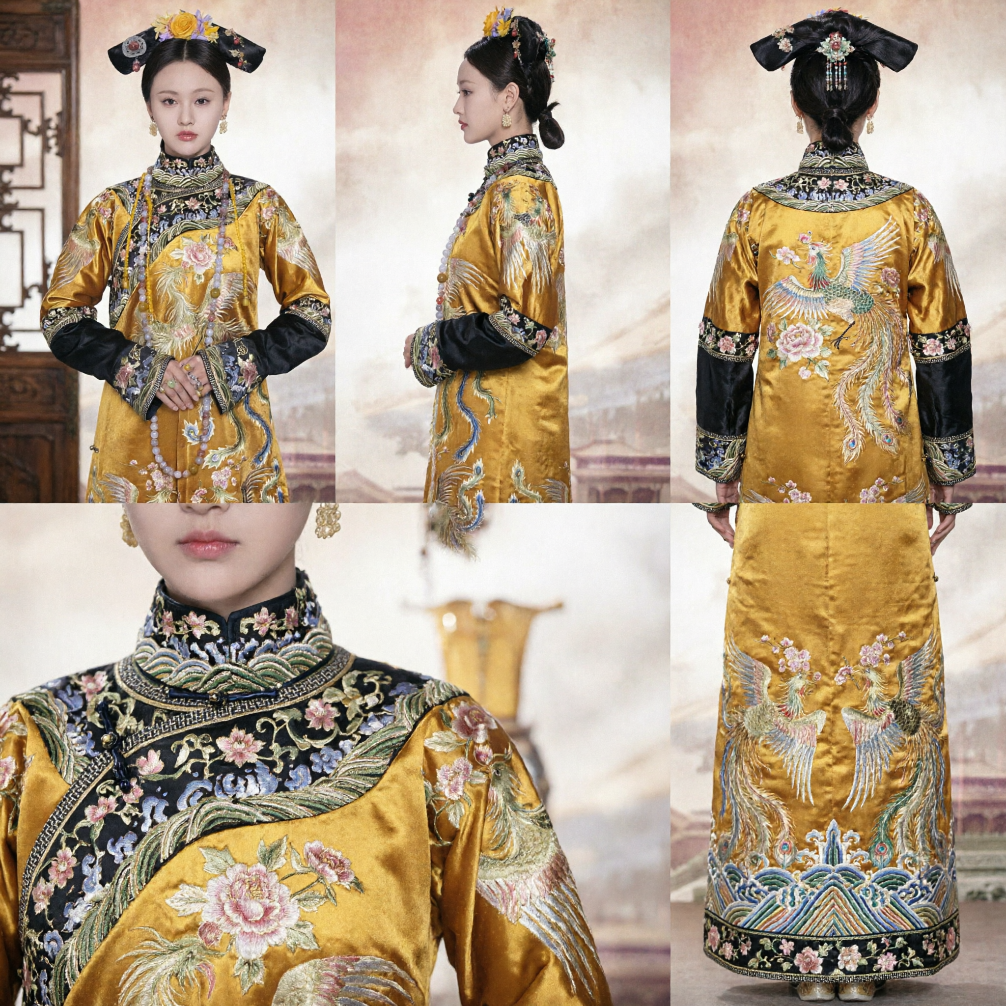 Chinese Traditional Qing Dynasty Manchu Costume Yellow Embroidered Phoenix Robe for Women Palace Drama Cosplay - Asian Costume