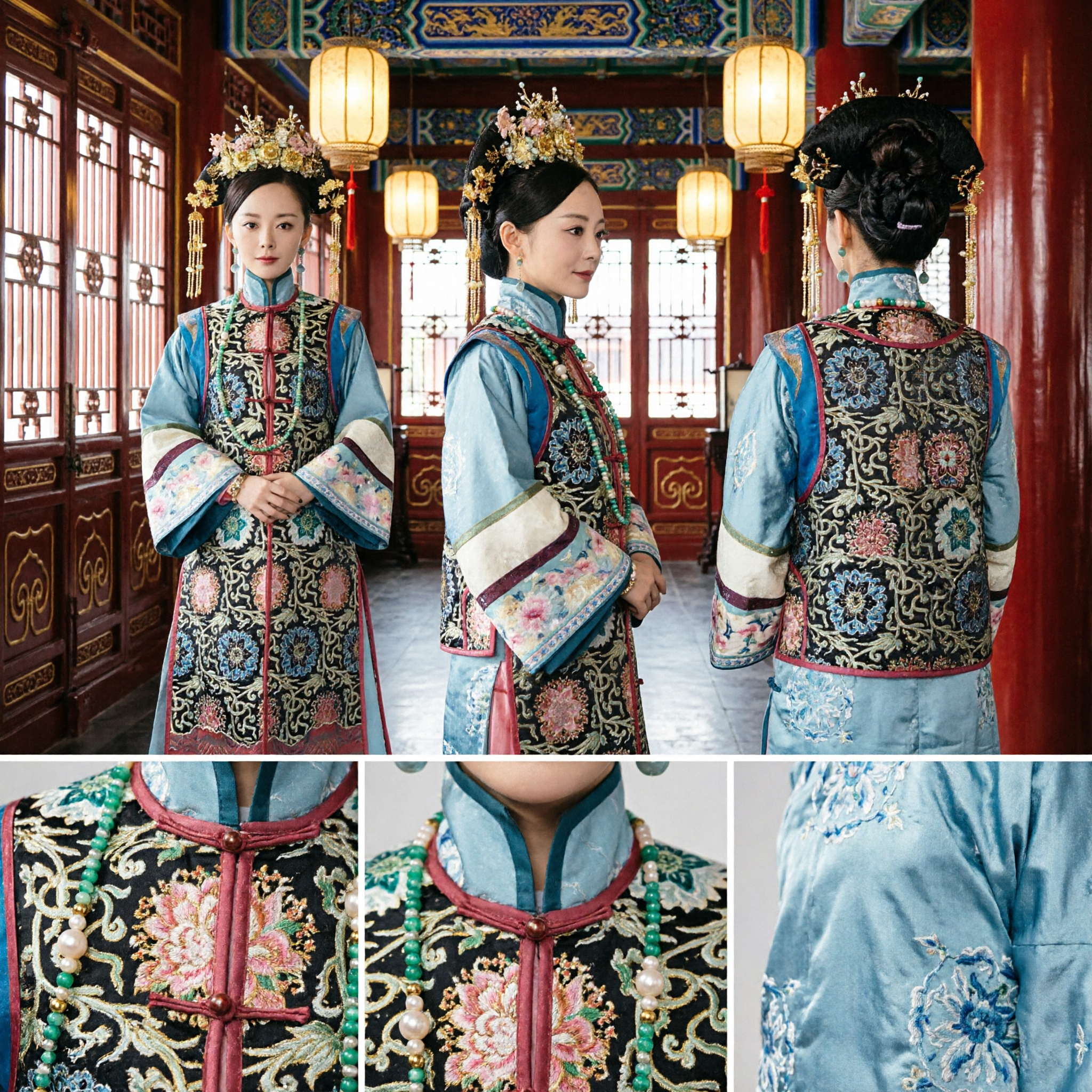 Traditional Chinese Qing Dynasty Manchu Noblewoman Costume Embroidered Robe and Headdress for Women Cosplay - Asian Costume