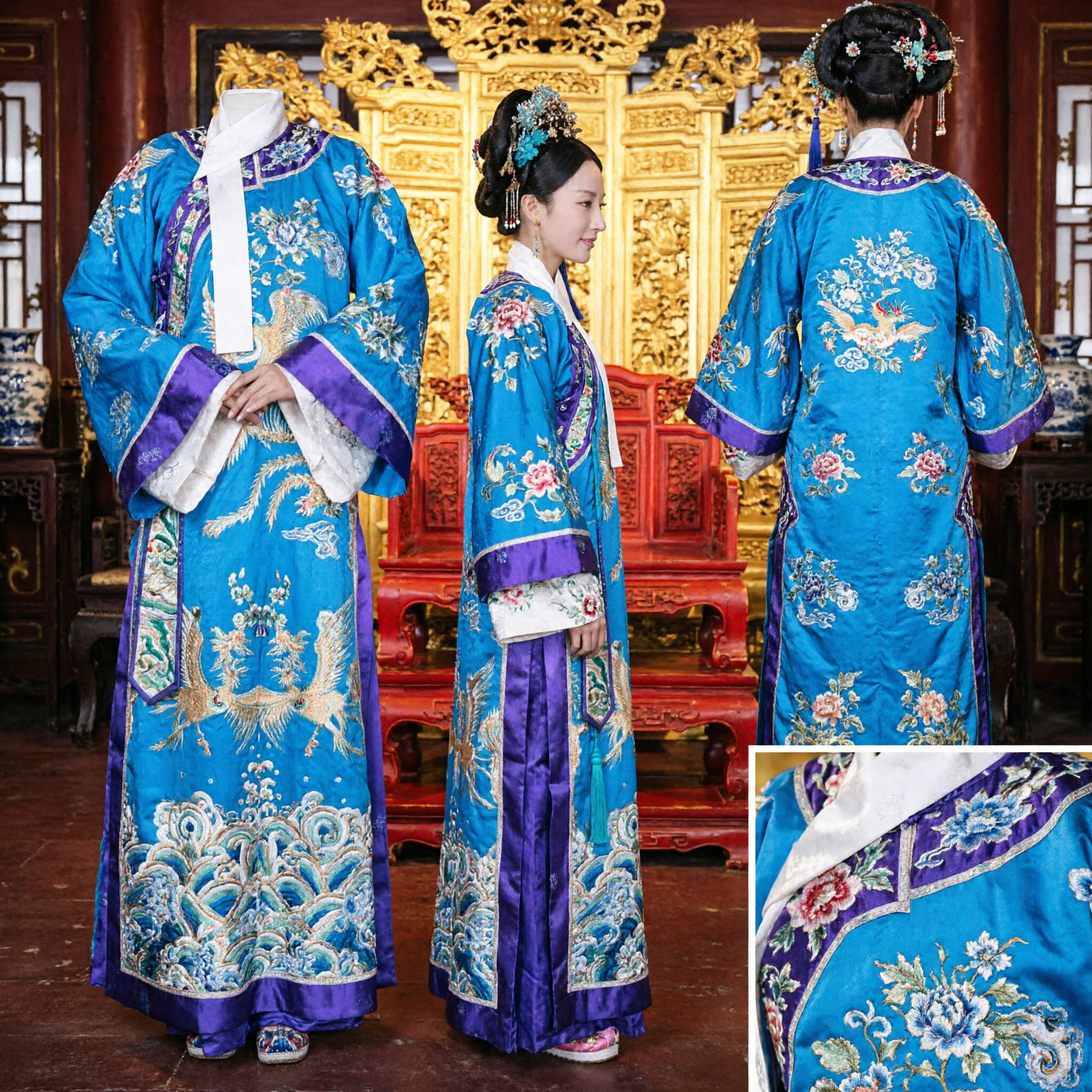 Traditional Chinese Qing Dynasty Blue Empress Costume with Phoenix Embroidery and Headdress for Women Cosplay - Asian Costume