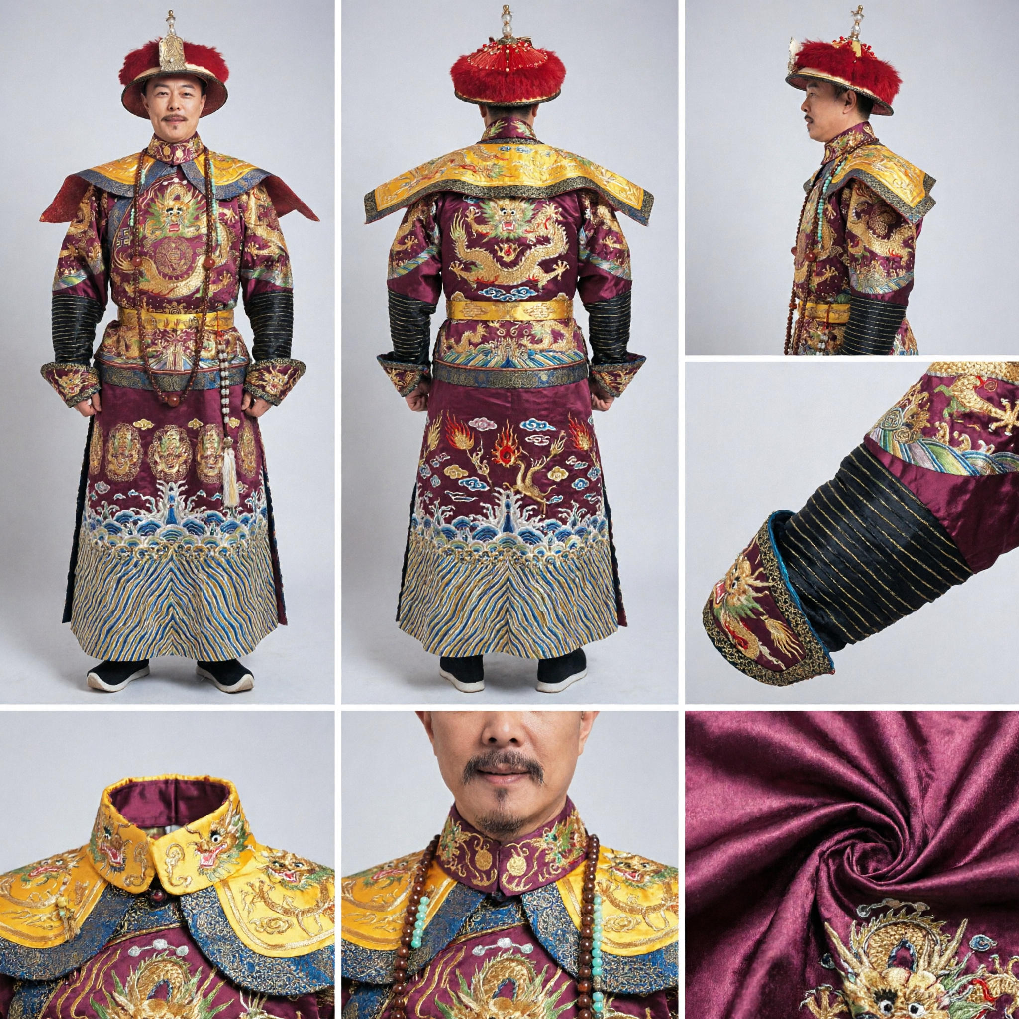 Men's Chinese Qing Dynasty Emperor Dragon Robe Costume Complete Set with Hat for Historical Cosplay - Asian Costume