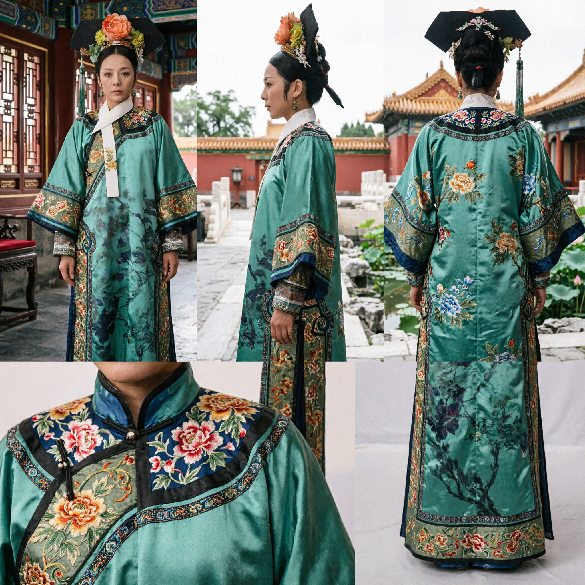 Women's Ancient Chinese Qing Dynasty Palace Concubine Green Embroidered Silk Costume for Cosplay and Performance - Asian Costume
