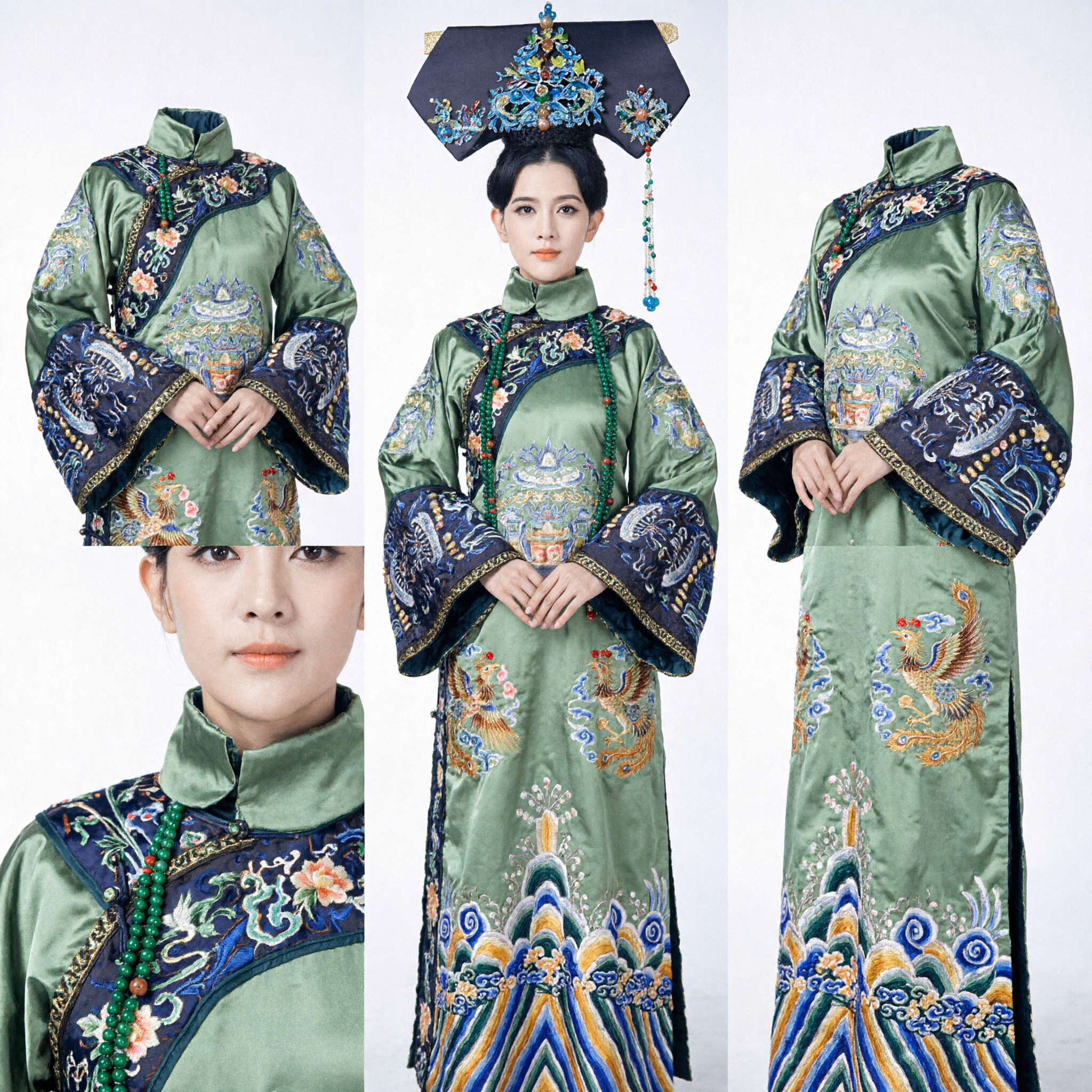 Traditional Chinese Qing Dynasty Manchu Princess Green Embroidered Robe and Headdress Costume for Women Cosplay - Asian Costume