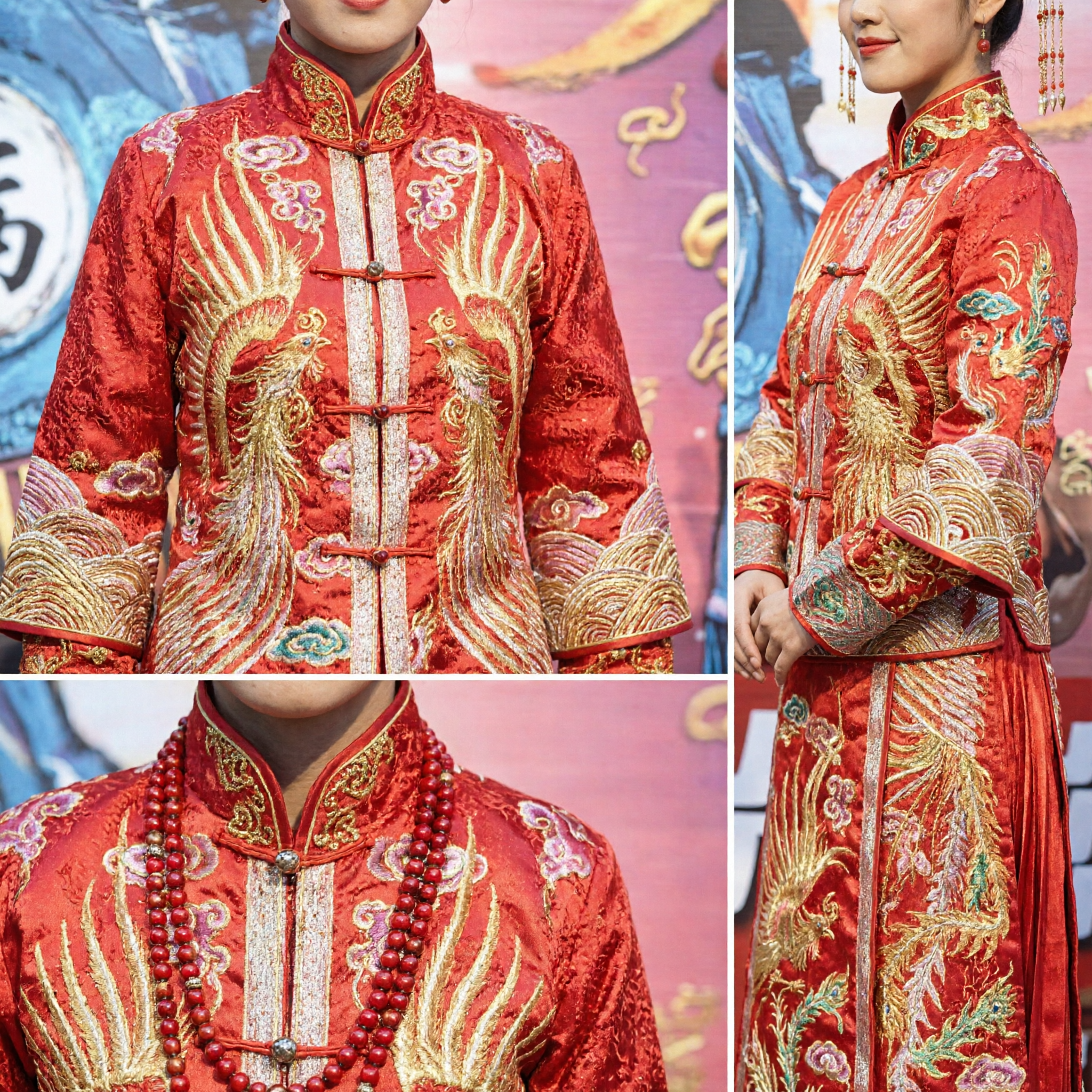 Traditional Chinese Wedding Dress for Women Red Dragon Phoenix Embroidered Gown Bride Costume with Headdress - Asian Costume