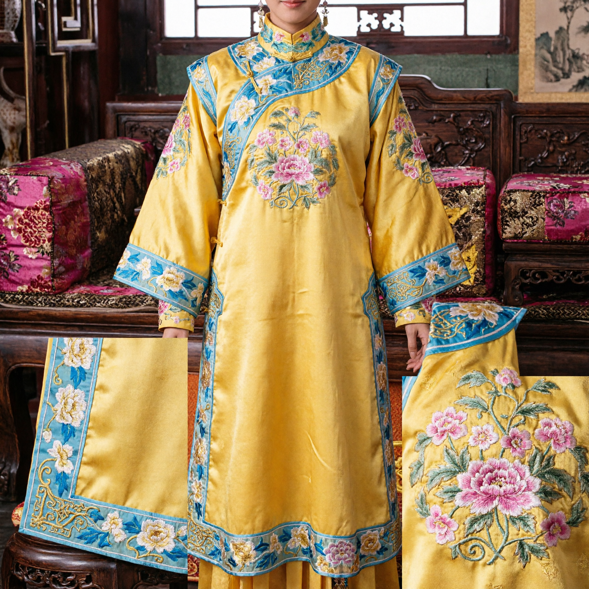 Ancient Chinese Qing Dynasty Empress Yellow Robe Traditional Manchu Costume for Women Cosplay Performance - Asian Costume