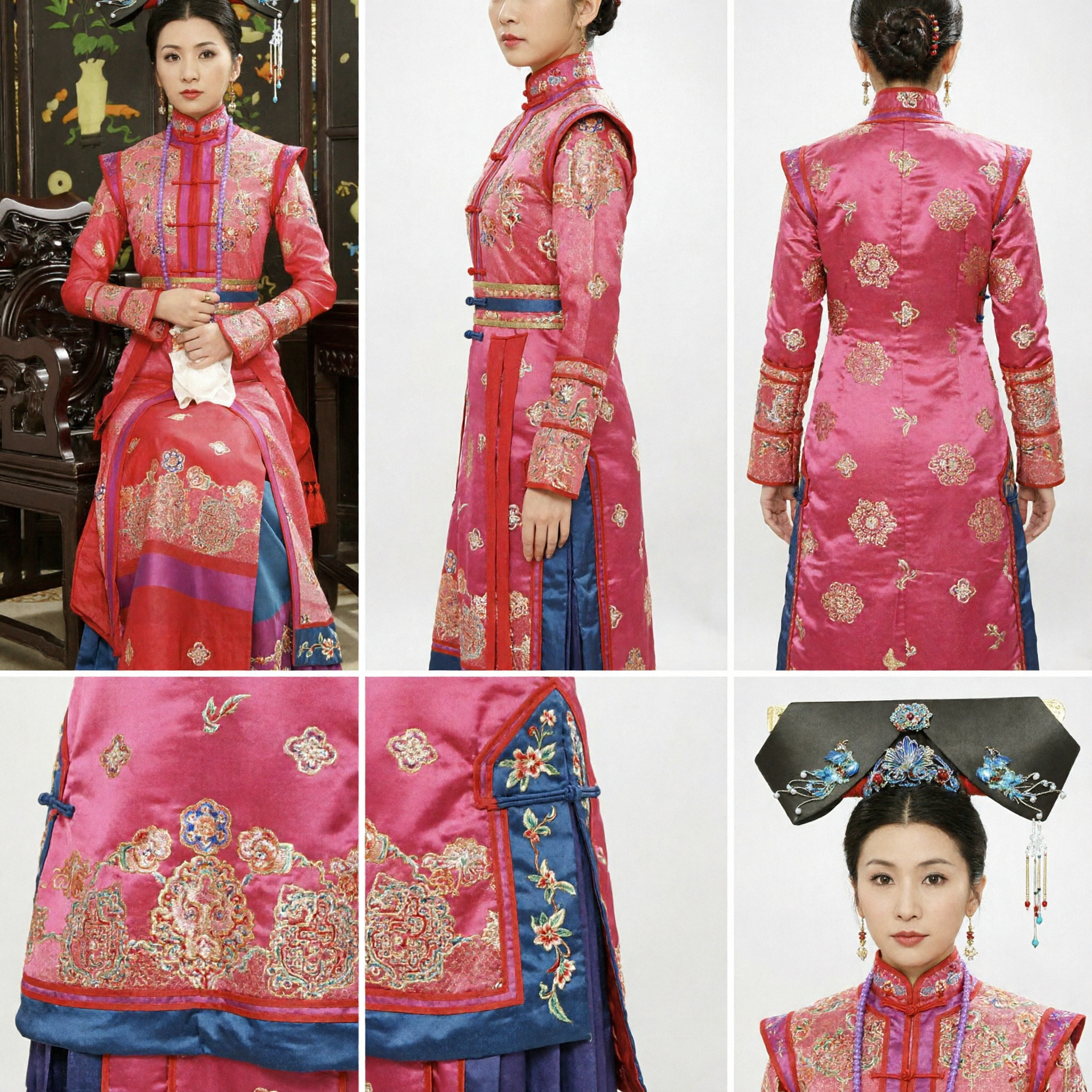 Traditional Chinese Qing Dynasty Manchu Princess Costume Pink Embroidered Robe and Headdress Set for Women Cosplay Photography - Asian Costume