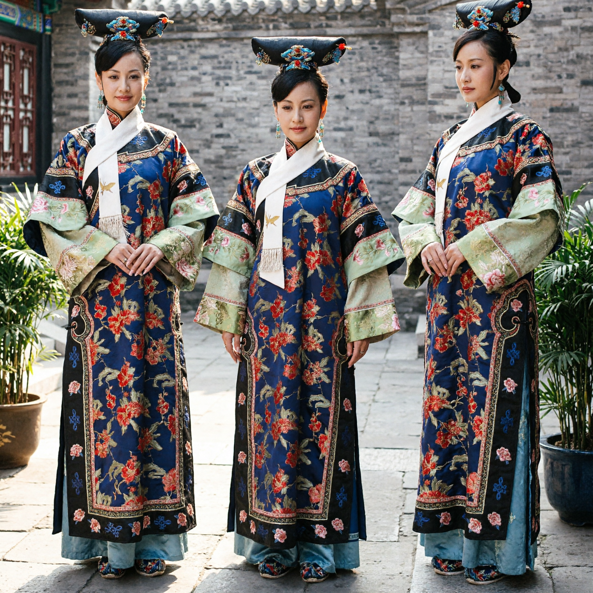 Traditional Chinese Qing Dynasty Manchu Empress Costume Blue Floral Embroidery Robe for Women Cosplay Performance - Asian Costume