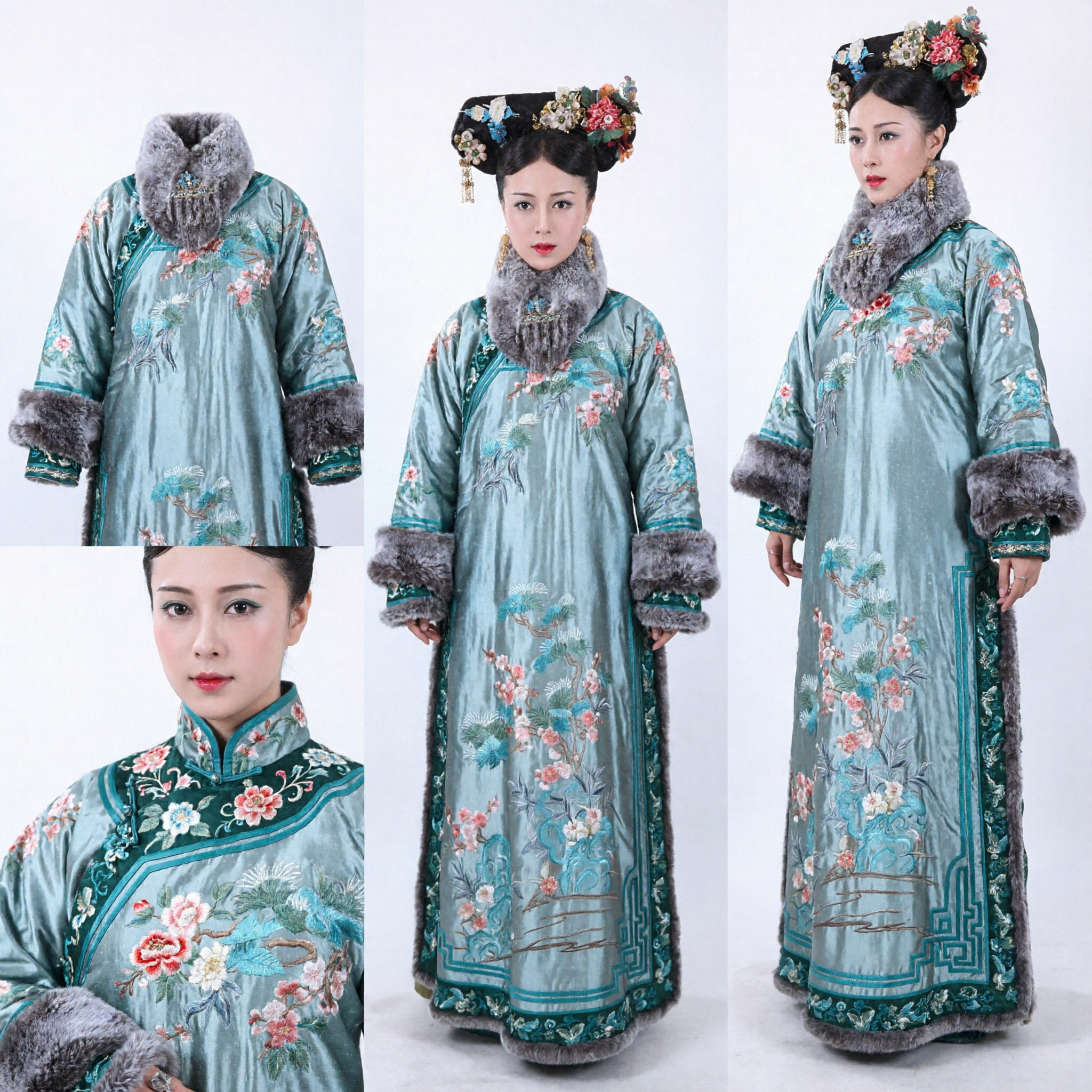 Traditional Chinese Qing Dynasty Manchu Princess Costume Ancient Empress Embroidered Blue Silk Robe with Fur Collar for Women - Asian Costume
