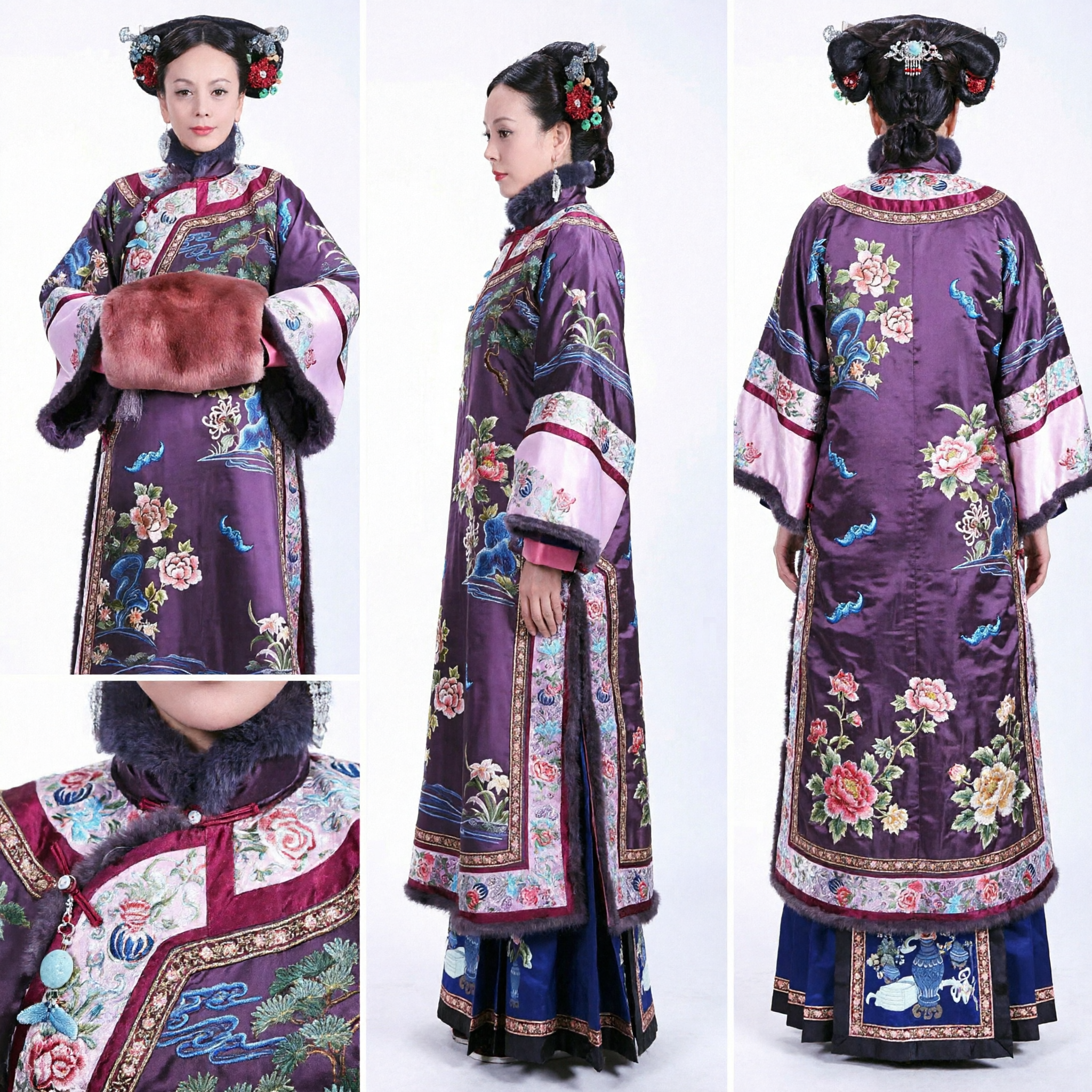 Traditional Chinese Qing Dynasty Manchu Purple Embroidered Robe Costume with Fur Muff for Historical Drama Cosplay - Asian Costume
