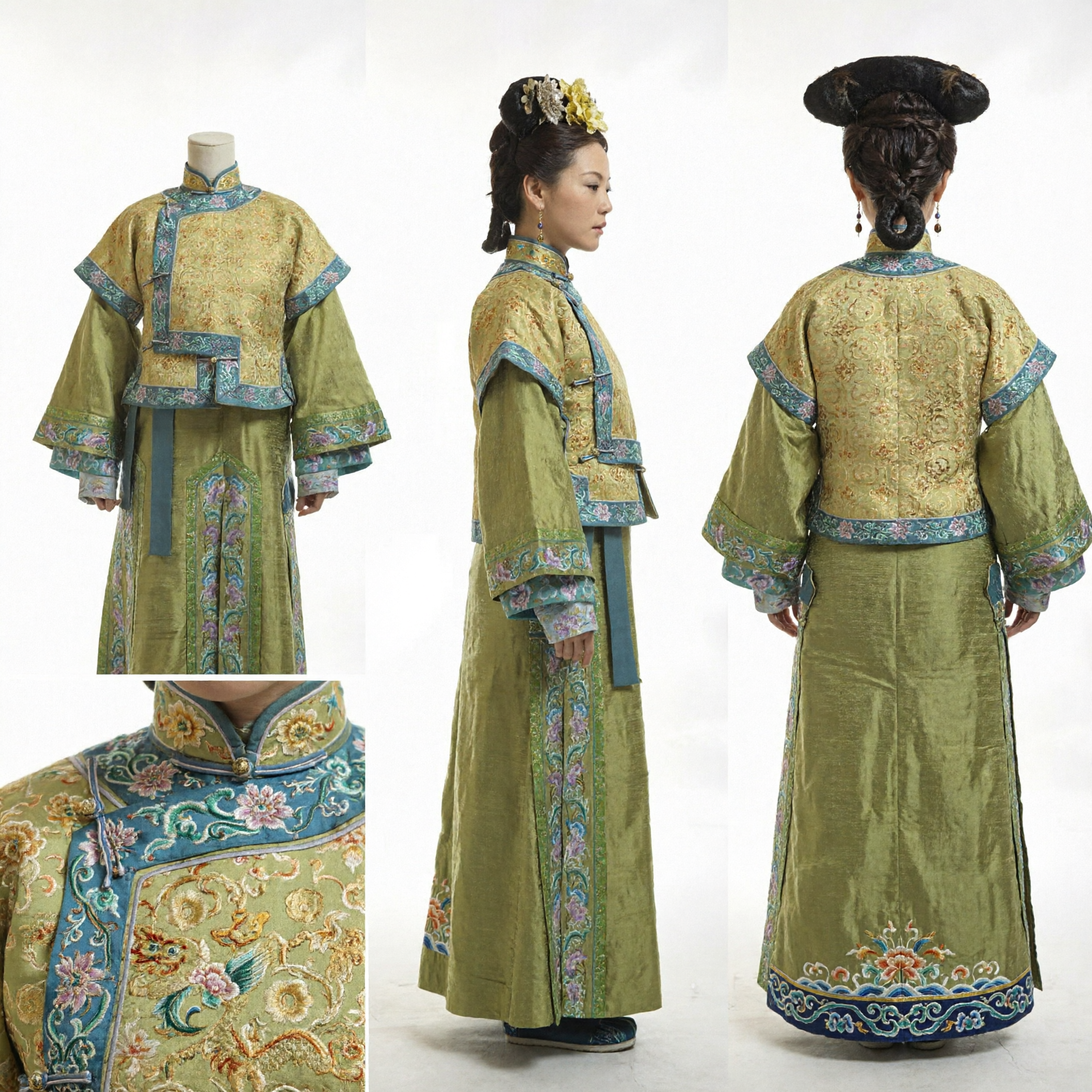 Traditional Chinese Qing Dynasty Noblewoman Costume Green Embroidered Robe and Jacket Set for Women Historical Cosplay - Asian Costume