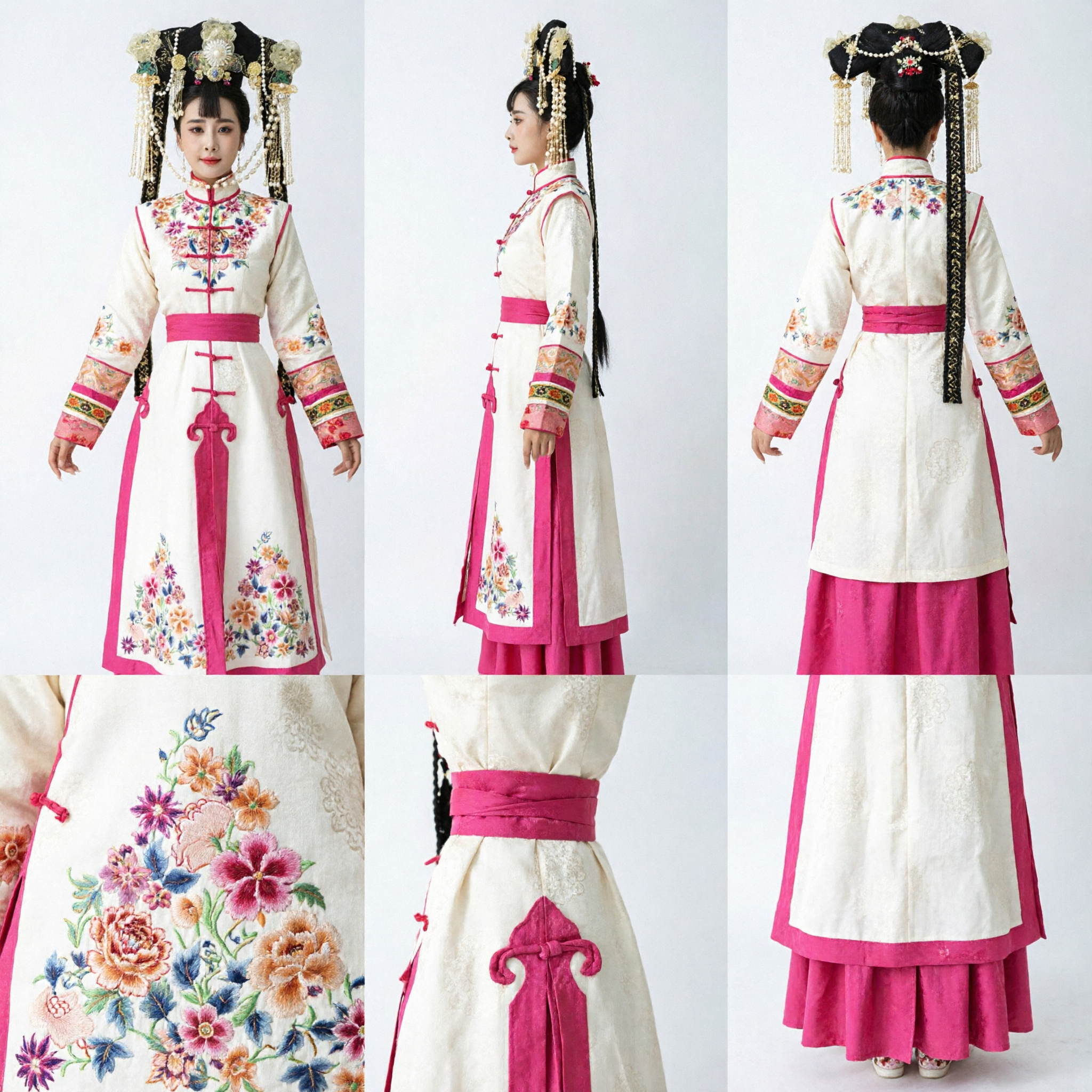 Traditional Chinese Qing Dynasty Princess Costume White Pink Embroidered Dress Ancient Palace Lady Outfit - Asian Costume
