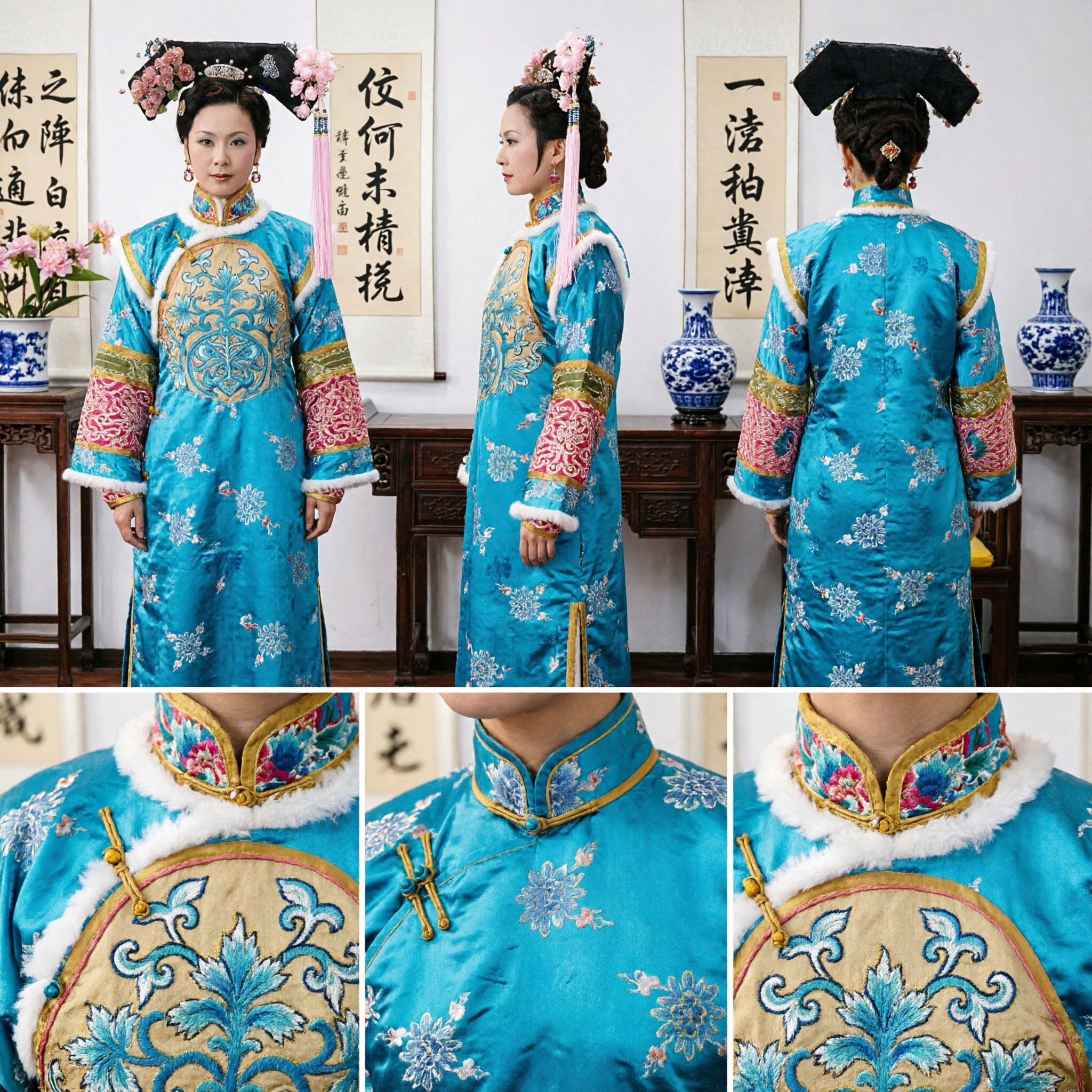 Traditional Chinese Qing Dynasty Manchu Concubine Costume Blue Embroidered Silk Robe and Headdress for Women - Asian Costume