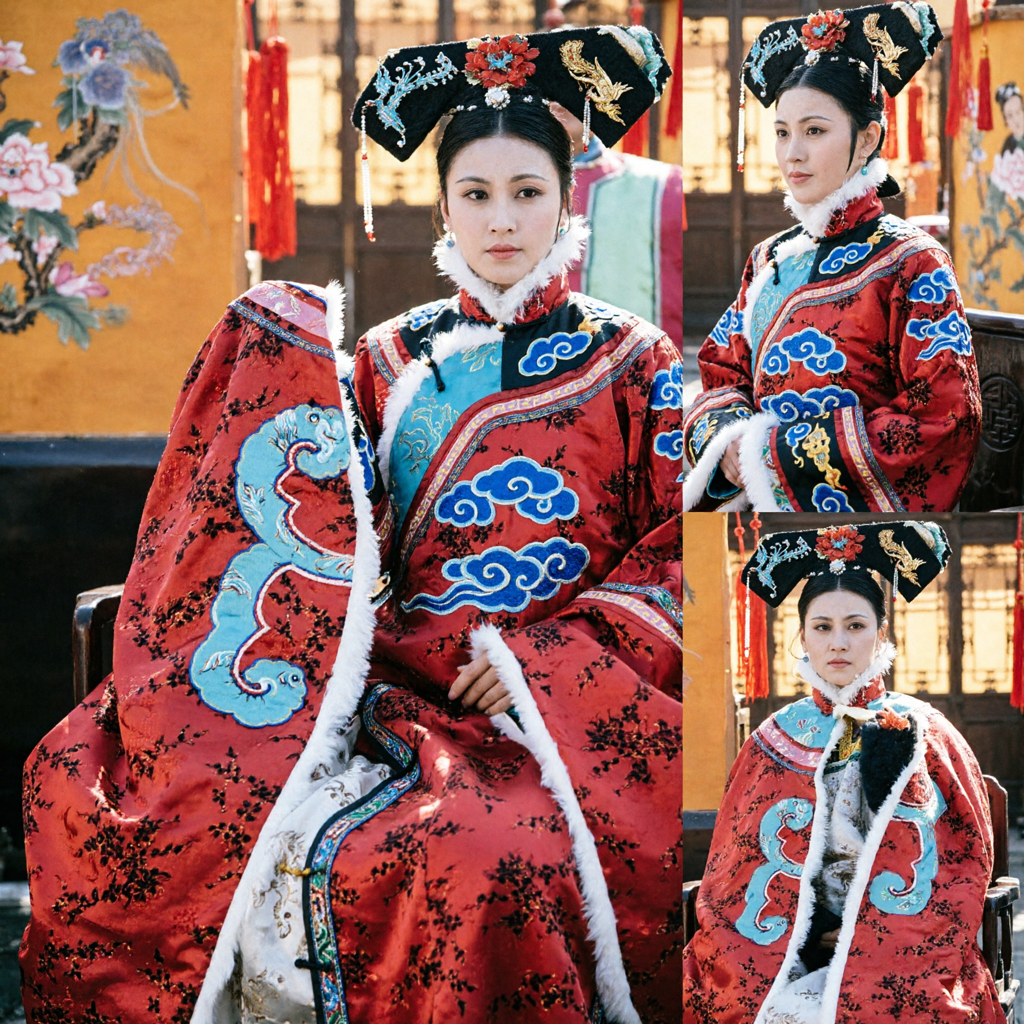 Traditional Chinese Qing Dynasty Empress Costume Red Embroidered Robe and Headdress Set for Women Cosplay - Asian Costume