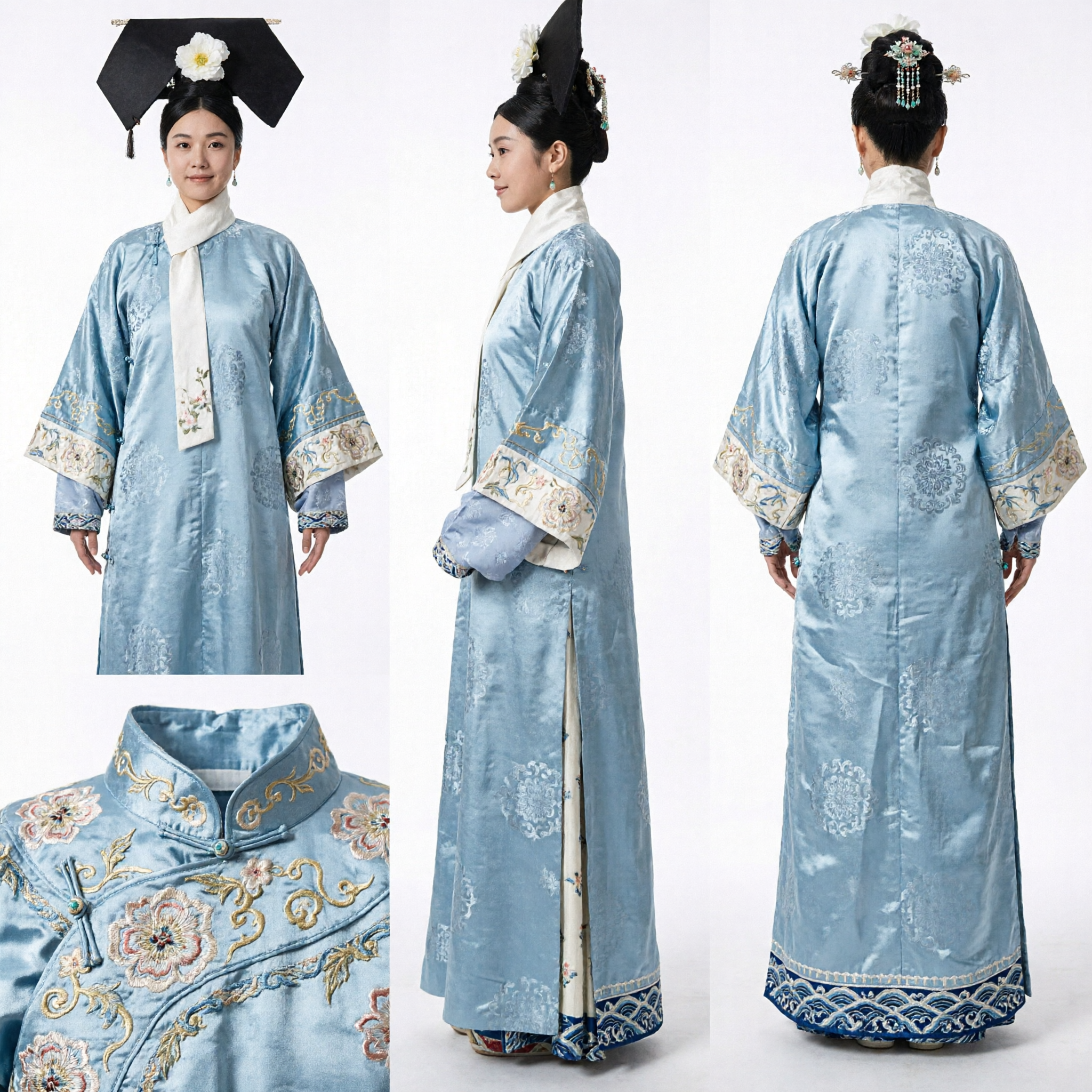 Qing Dynasty Manchu Noblewoman Light Blue Silk Robe Traditional Chinese Palace Costume for Women - Asian Costume