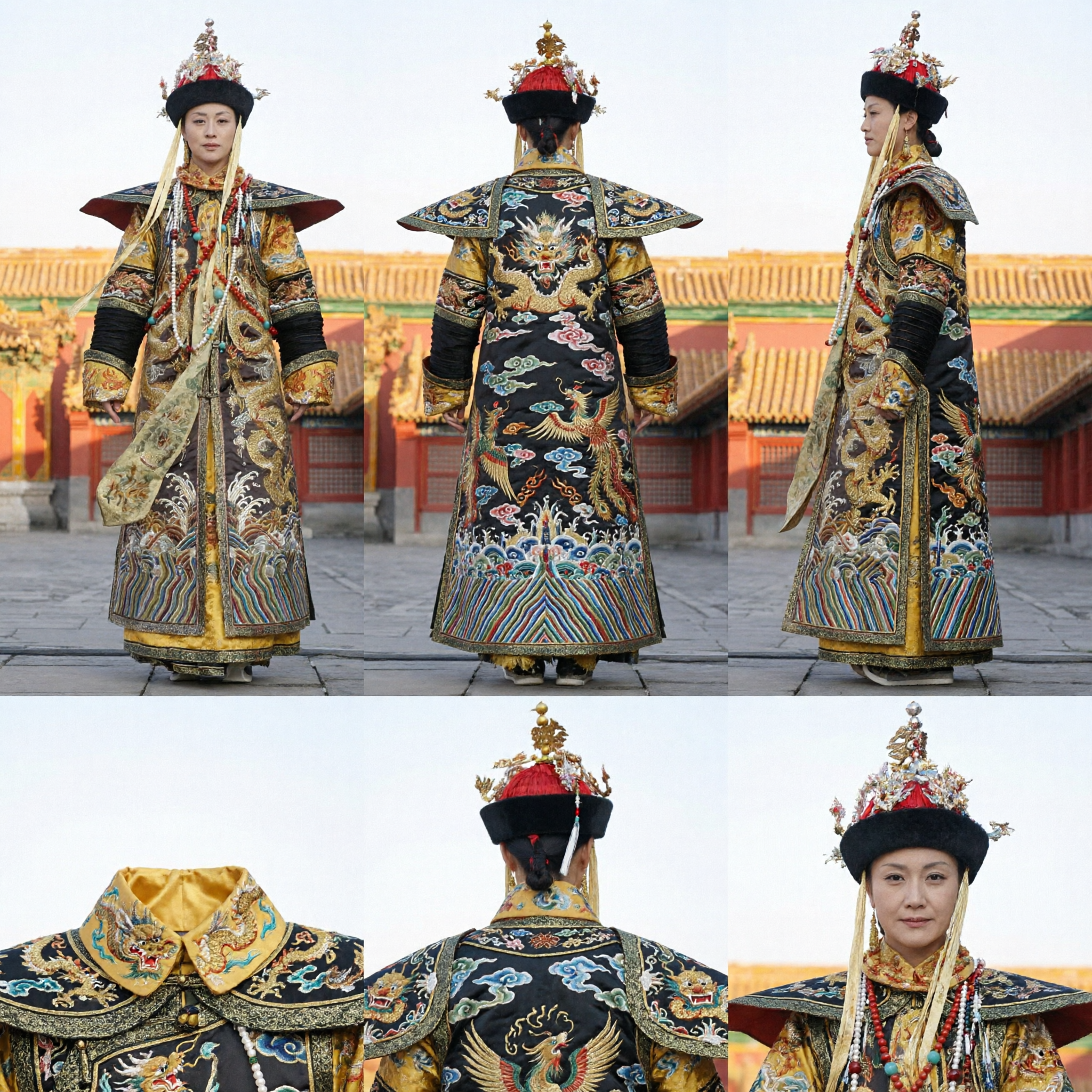 Ancient Chinese Qing Dynasty Empress Yellow Dragon Robe Traditional Imperial Costume Complete Set with Headdress for Women - Asian Costume