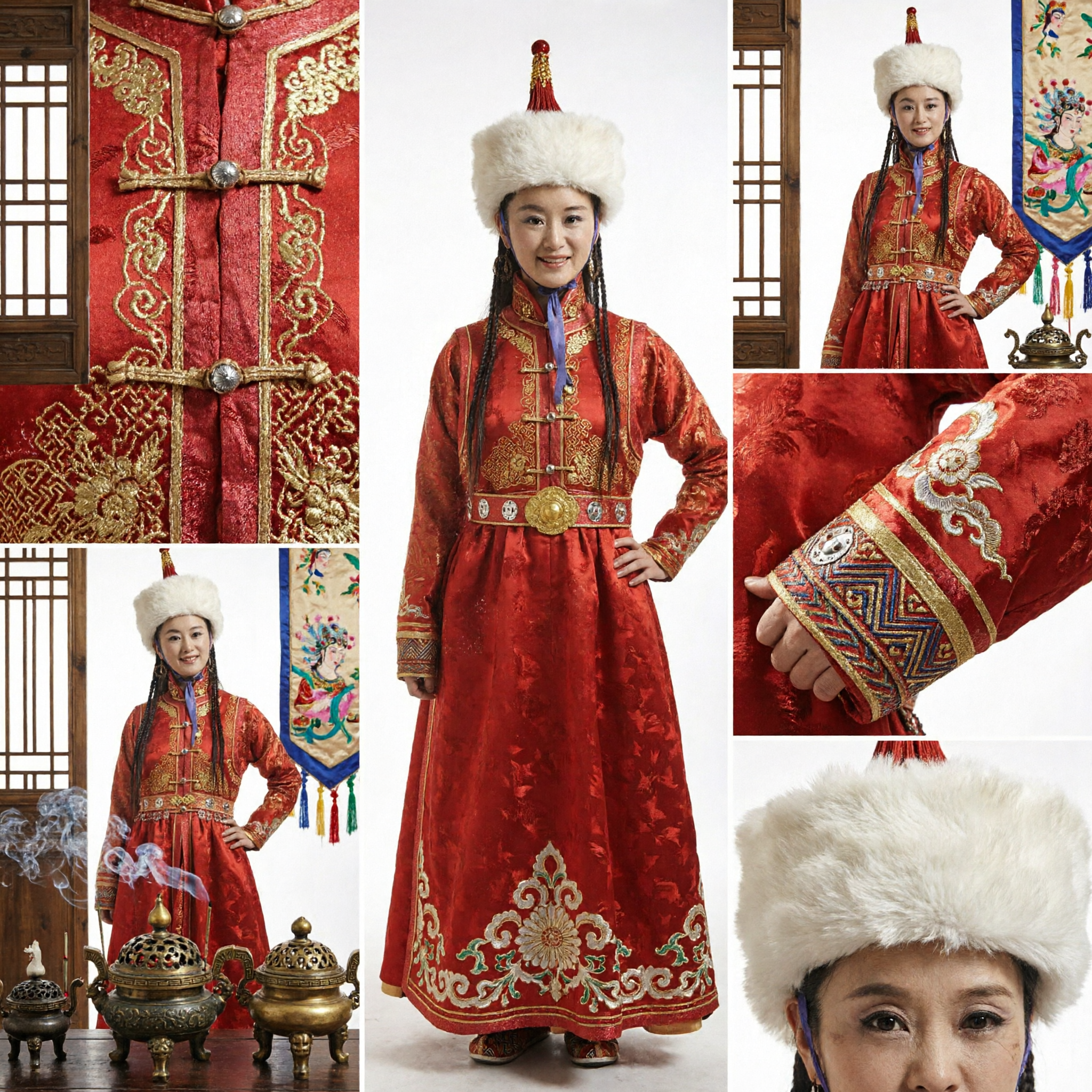 Traditional Mongolian Red Robe Costume for Women with White Fur Hat Ethnic Stage Performance Dress - Asian Costume