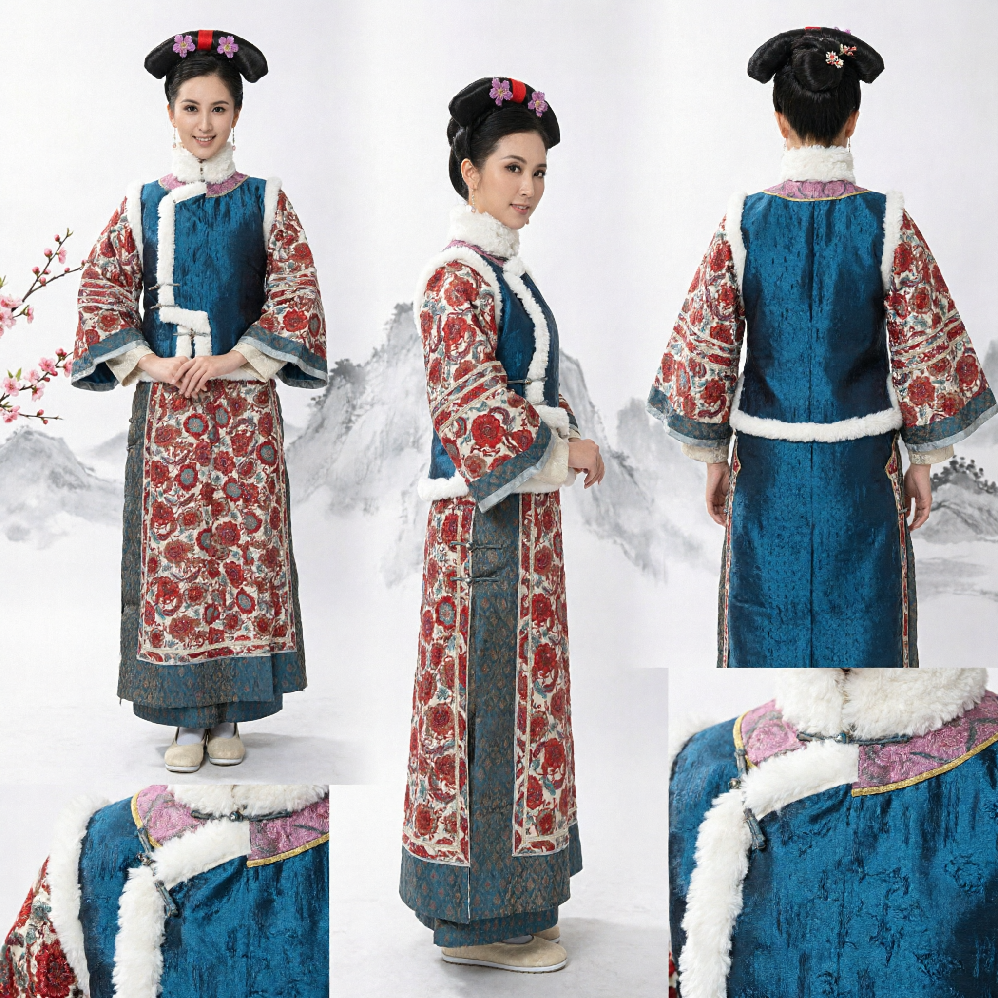 Traditional Chinese Qing Dynasty Manchu Noble Lady Costume Complete Set with Headpiece for Women Stage Performance - Asian Costume