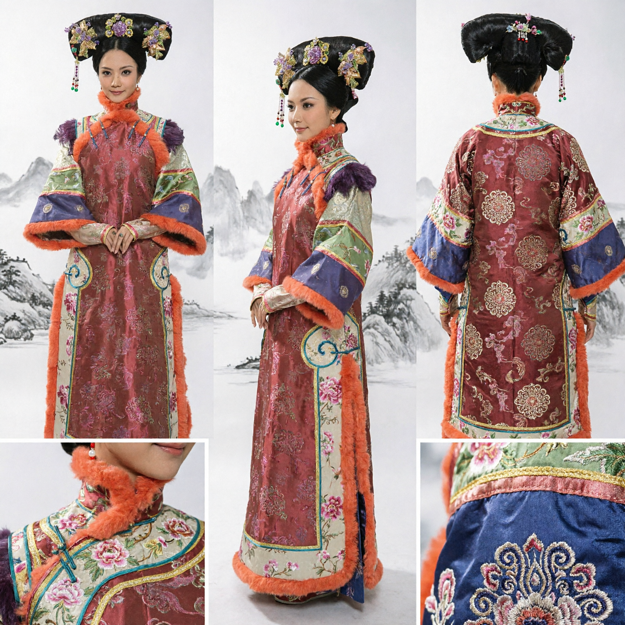 Traditional Chinese Qing Dynasty Manchu Empress Costume with Fur Trim and Headdress for Women Cosplay - Asian Costume