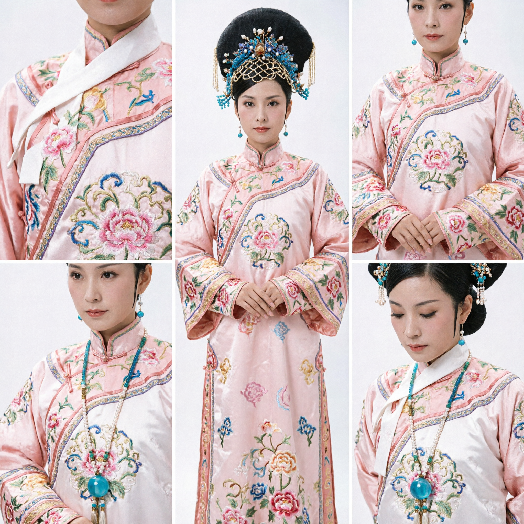 Traditional Chinese Qing Dynasty Noble Lady Pink Embroidered Robe and Headdress Complete Costume Set for Women - Asian Costume