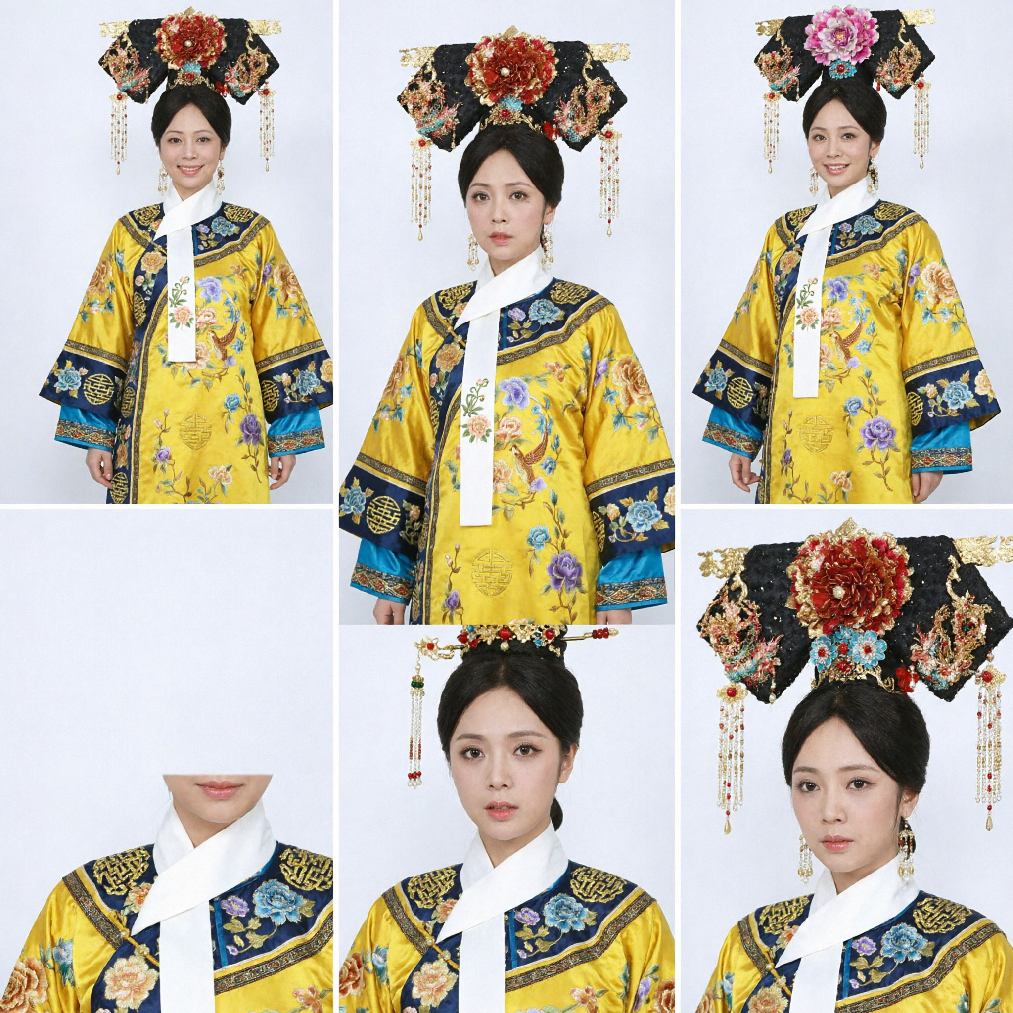 Traditional Chinese Qing Dynasty Empress Yellow Embroidered Robe Costume with Headdress for Women Historical Cosplay - Asian Costume