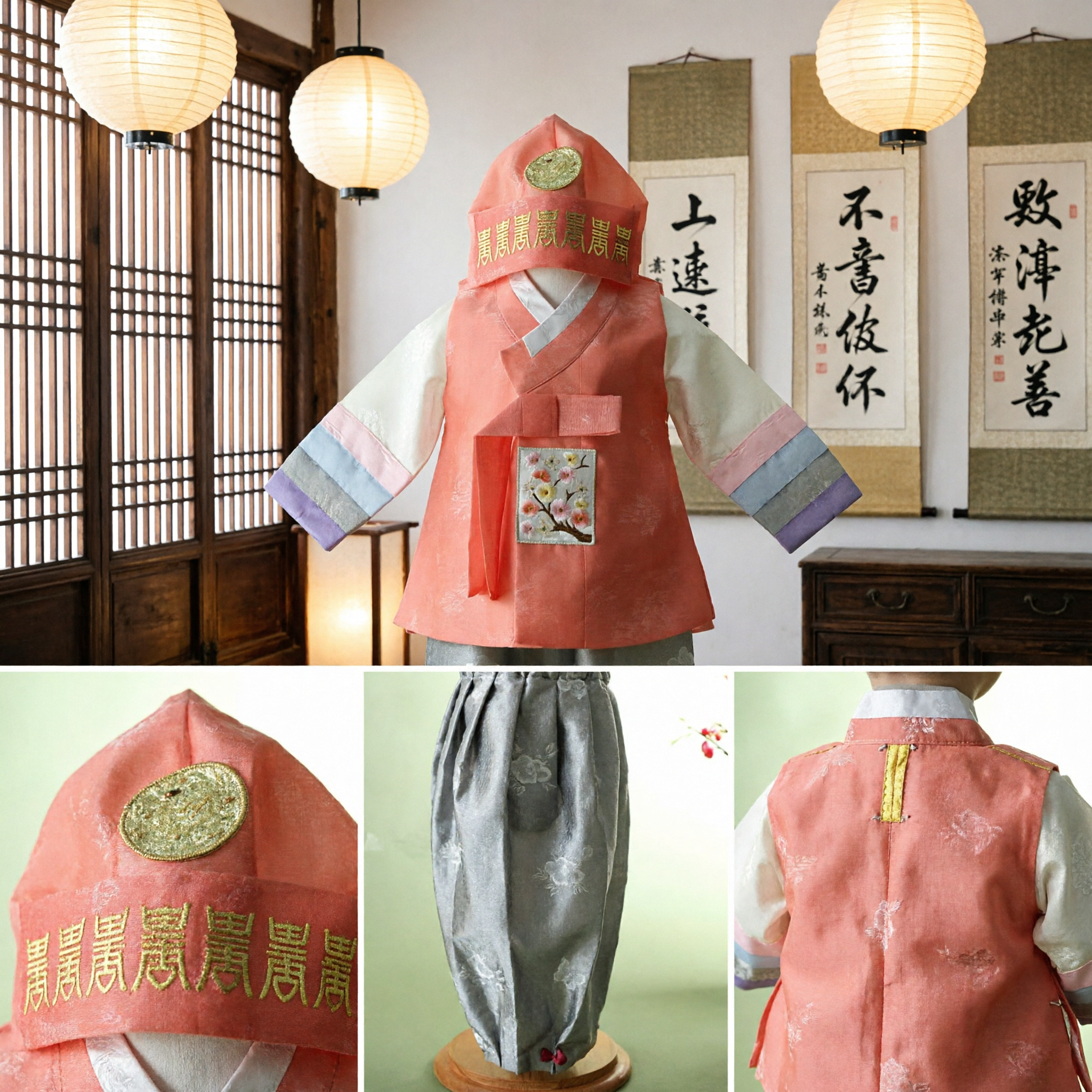 Traditional Korean Hanbok for Baby Boy First Birthday Doljanchi Outfit Silk Vest and Hat Set - Asian Costume