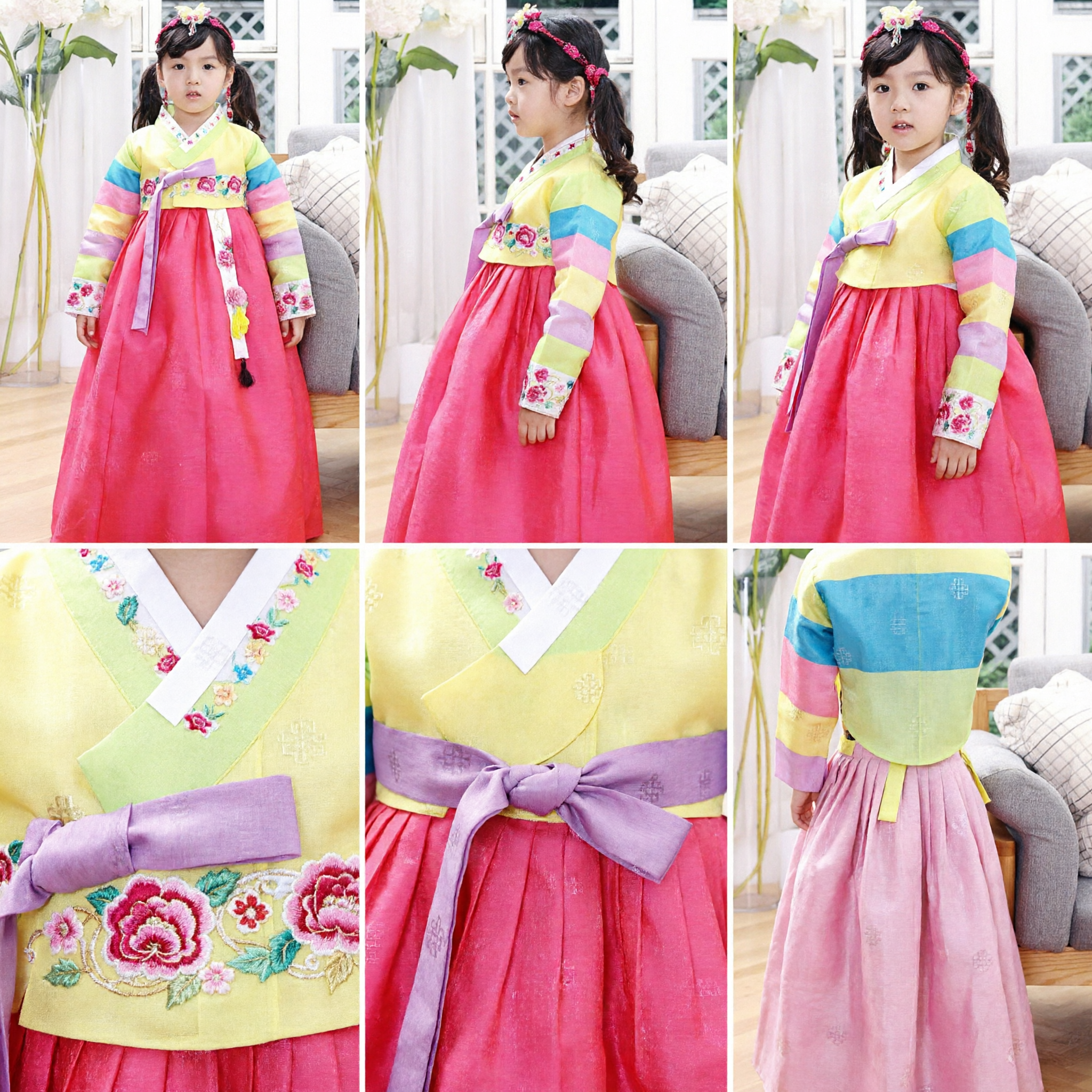 Traditional Korean Hanbok Dress for Girls Yellow Top Pink Skirt Embroidery Kids Festival Costume - Asian Costume