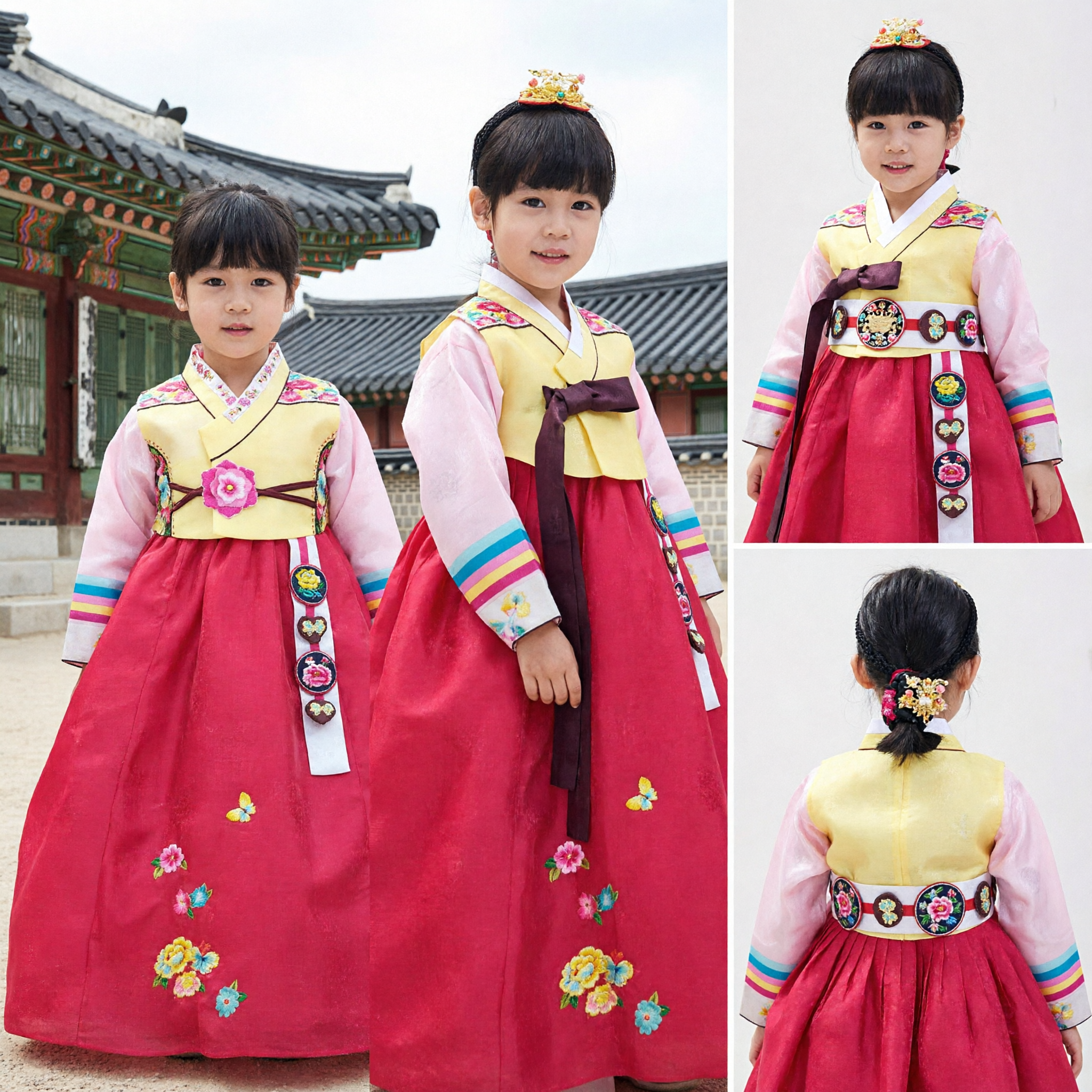 Girls Korean Traditional Hanbok Dress Kids Princess Costume Pink Skirt Yellow Top Festival Performance Wear - Asian Costume