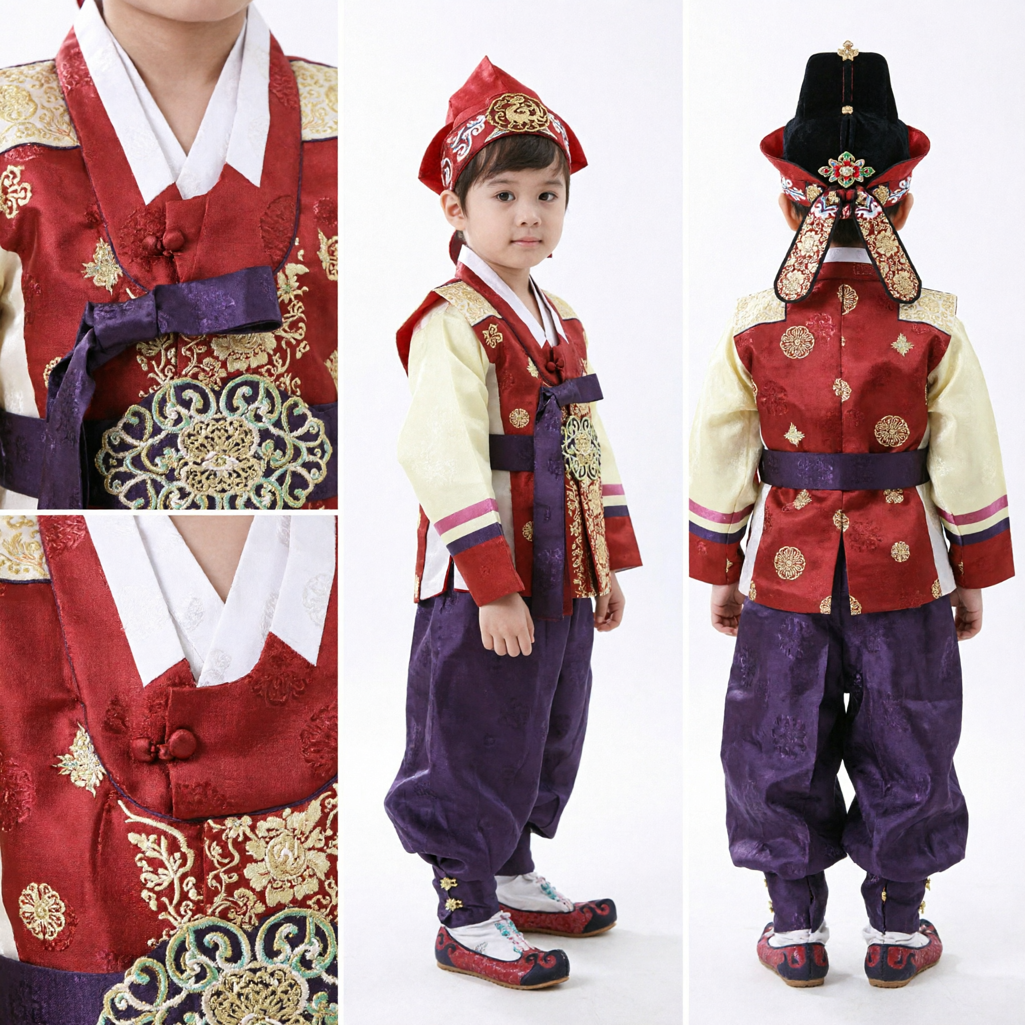 Traditional Korean Hanbok for Boys Kids Red Gold Embroidered Costume for Doljanchi Wedding Party - Asian Costume