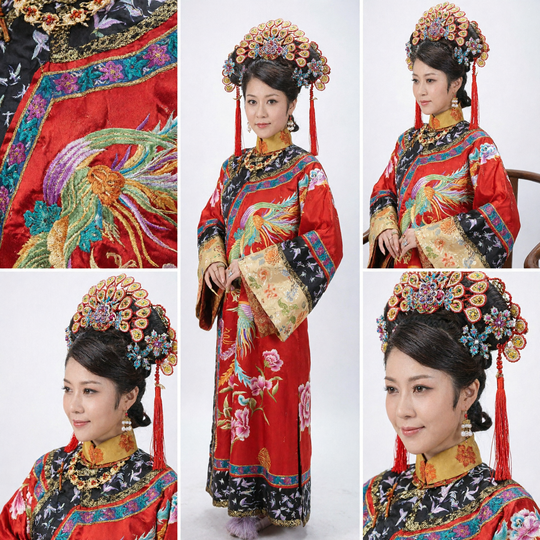 Traditional Chinese Qing Dynasty Empress Costume Red Phoenix Embroidery Robe with Headdress for Women Performance - Asian Costume